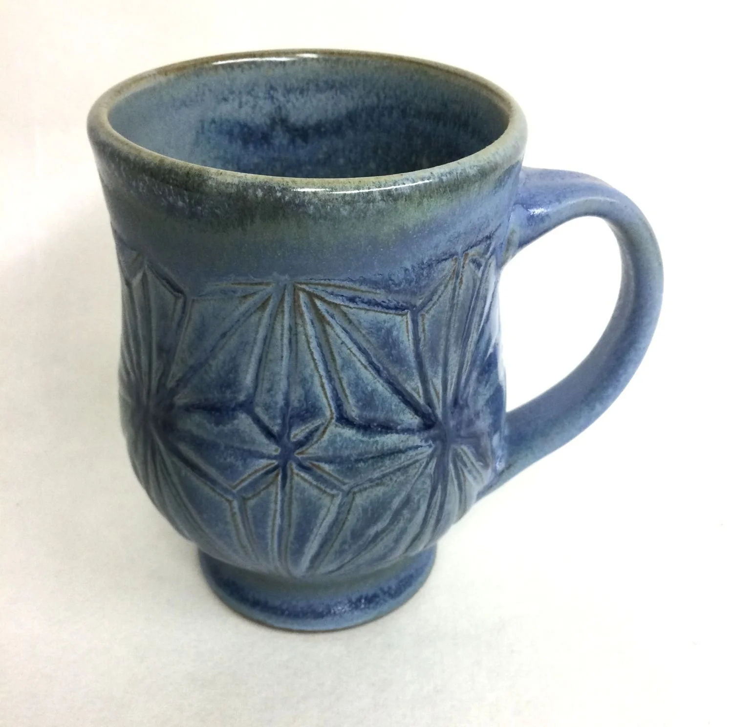 Kumiko Blue Sky Mug (#25.9.14), handcarved stoneware, 5 x 3.5 x 5 inches (13 x 9 x 13 cm), $50 Cdn.
