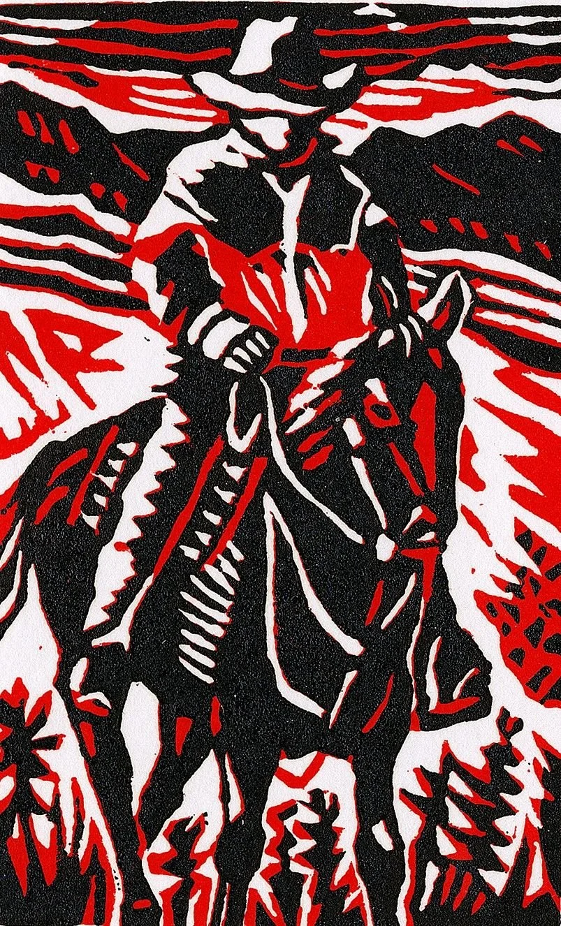 Rider (#221, rare), ed. 7/18, 1995, linoblock/paper, 8 x 6 inches (15.5 x 9.5 cm), framed, $425 Cdn.