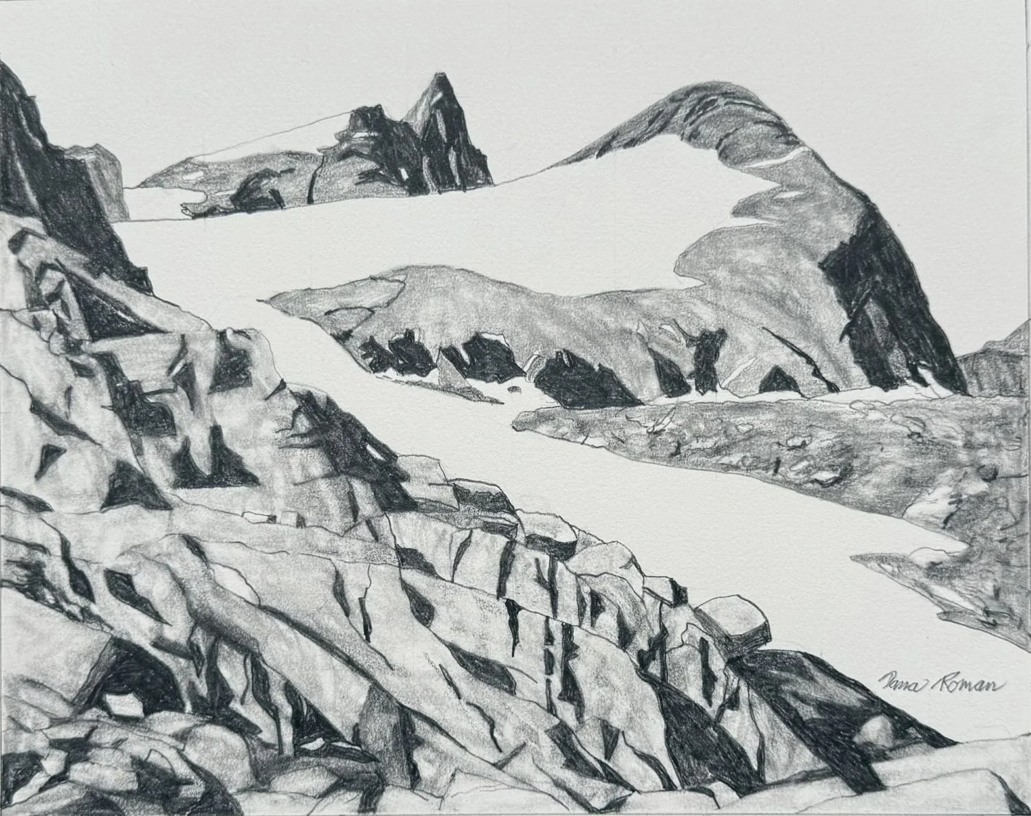 In Glacier National Park II (#25.5.8), 2025, graphite on hot press Arches paper, 13 x 15" (33 x 38.5 cm), unframed $240 Cdn.