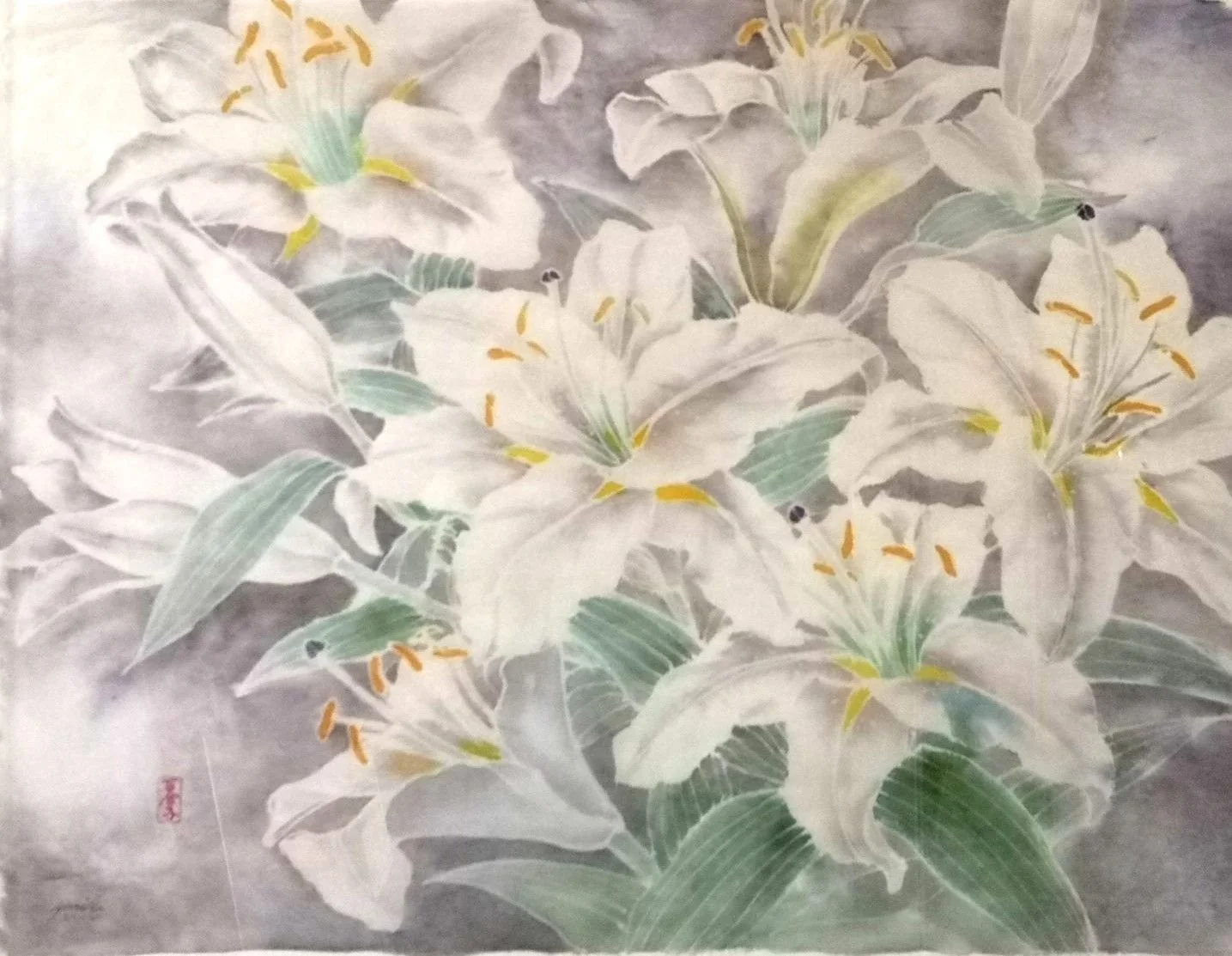 White Lillies (#91), 2006, mixed media (dye & watercolour) / sekishu 30 gm rice paper, 19 x 25 inches (48 x 63.5 cm), framed, $1600 Cdn.
