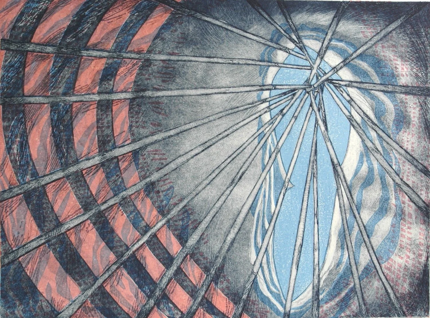 Tipi Centre II, 1986, edition 30, etching and woodblock on paper, 17.5 x 23.5 inches (44.5 x 59.5 cm), $1425 Cdn........a master of pattern and design, in the mid 1980s D. Helen Mackie was interested in the play of form, light, and colour when you lo