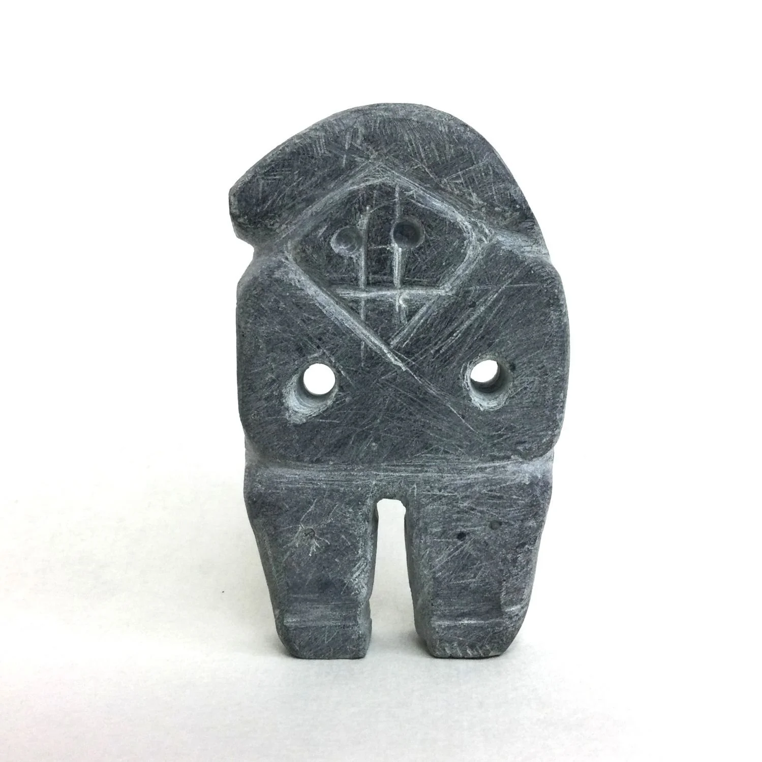 John Kavik (ᔭᓐ ᑲᕕ) E2-290, 1897-1993, Kangiqliniq/Rankin Inlet ᑲᖏᕿᓂᖅ, Standing Figure, mid-1970s, steatite/serpentine, 3.5 x 2.25 x 1 inches (9 x 5.5 x 2.25 cm), $1200 Cdn.