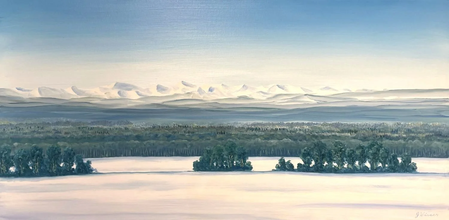 Peaks Beyond The Forest (#26.5.26), 2026, oil on linen canvas, exhibition frame, 16 x 32 inches (40x81cm), $2525 Cdn