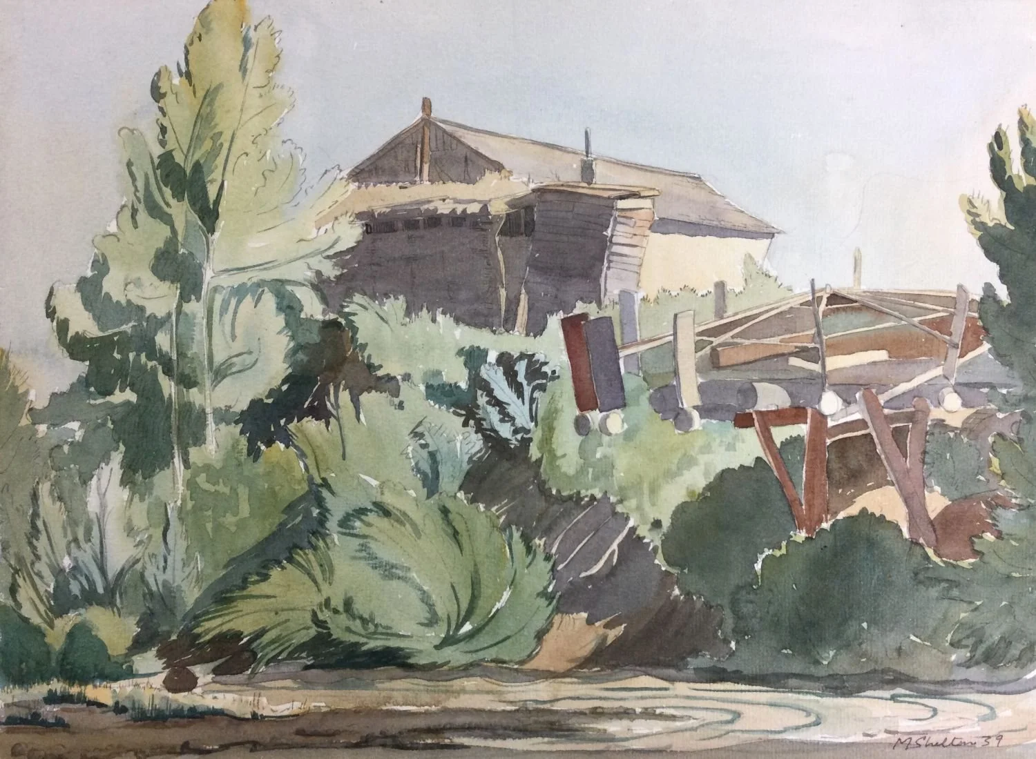 Waterwheel In Rosebud Valley, 1939, watercolour on paper, 10.25 x 14.5 inches (26x37 cm), framed, $1600 Cdn.