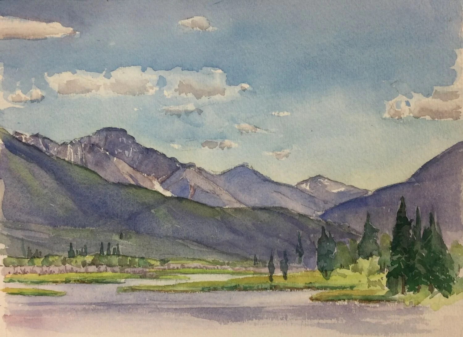 Simpson Pass & Vermilion Lakes, July 19, 1960 (#24.23), watercolour on paper, 6 x 9 inches (15x23 cm), framed, $375 Cdn.