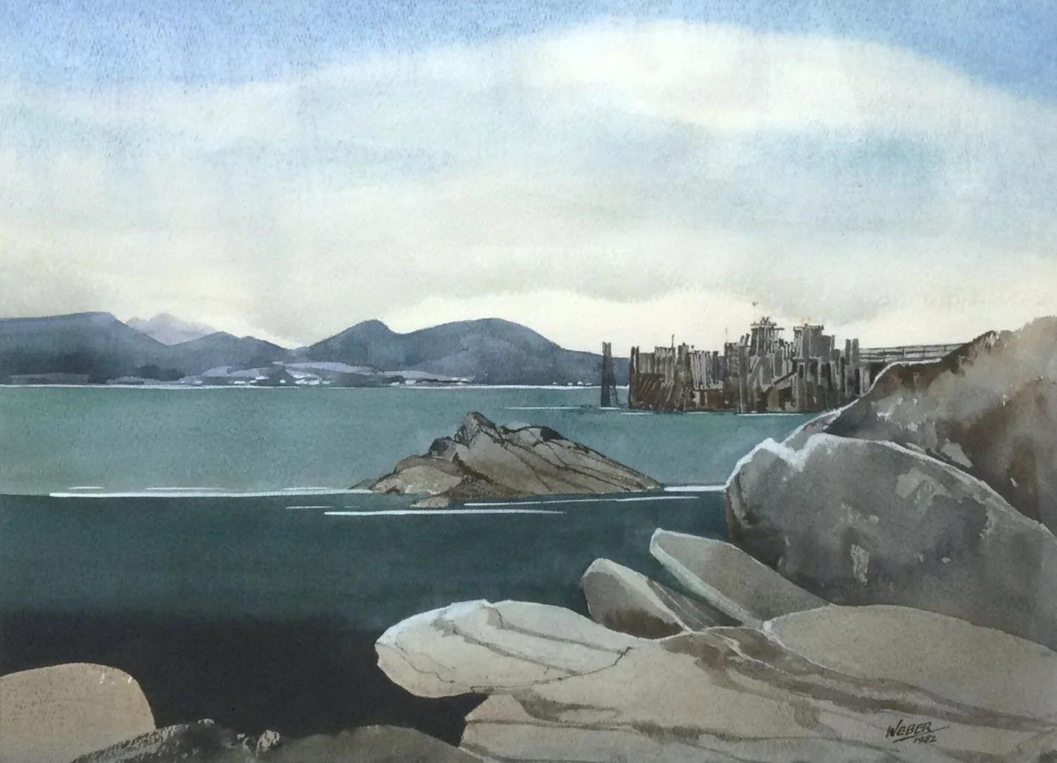 George Weber CPE (1907-2002), Bella Coola Docks, 1982, watercolour on paper, 14 x 19 inches (35 x 49cm), framed, provenance: Ottawa Collection, $850 Cdn.
