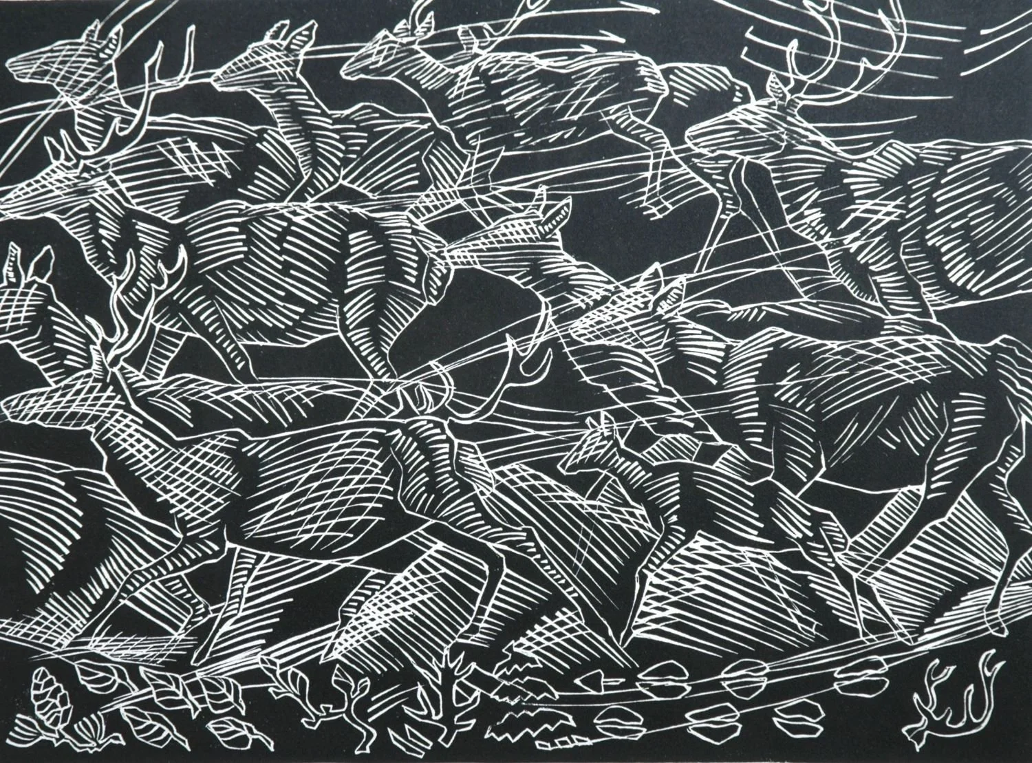 Migrating (#194), 1992, linoblock/paper, 9x12 inches (23x31 cm), framed, $725 Cdn.