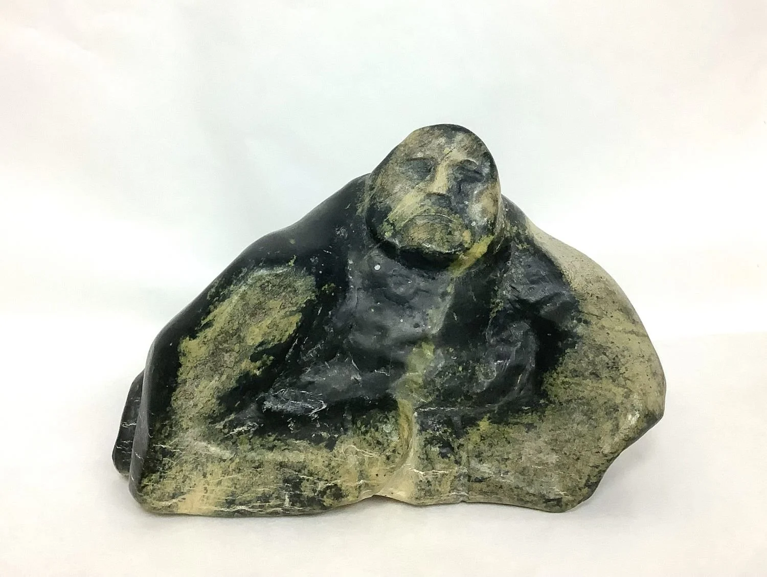 Qaqasiralaq Kullualik E6-227 (1913-1983) Pannirtuq / Pangnirtung ᐸᖕᓂᖅᑑᖅ, Mother And Child (#25.6.29), 1975, serpentine, 6.25 x 7 x 10.75 inches (16 x 17.75 x 27.5 cm), provenance: Saskatchewan Collection, $1400 Cdn.