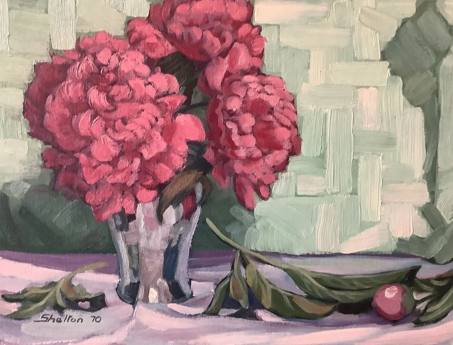 Peonies Still Life, 1970, oil on panel, 12 x 16 (30.5 x 41 cm), signed & dated l.l., provenance: artist's estate, framed, $2100.00 Cdn.