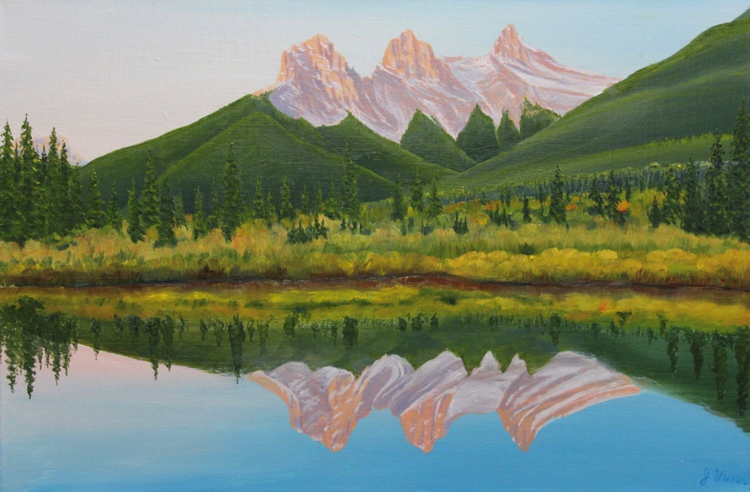 The Three Sisters (#26.5.21), 2026, oil on linen canvas, exhibition frame, 16 x 24 inches (40.5 x 61 cm), $2100 Cdn.