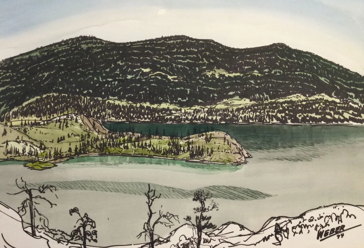 Rattlesnake Point & Cosens Bay, Kalamalka Lake, Vernon, BC, May 1974, watercolour and ink on artist board, 14.5 x 21 inches (37 x 53 cm), framed, $1000.00 Cdn.