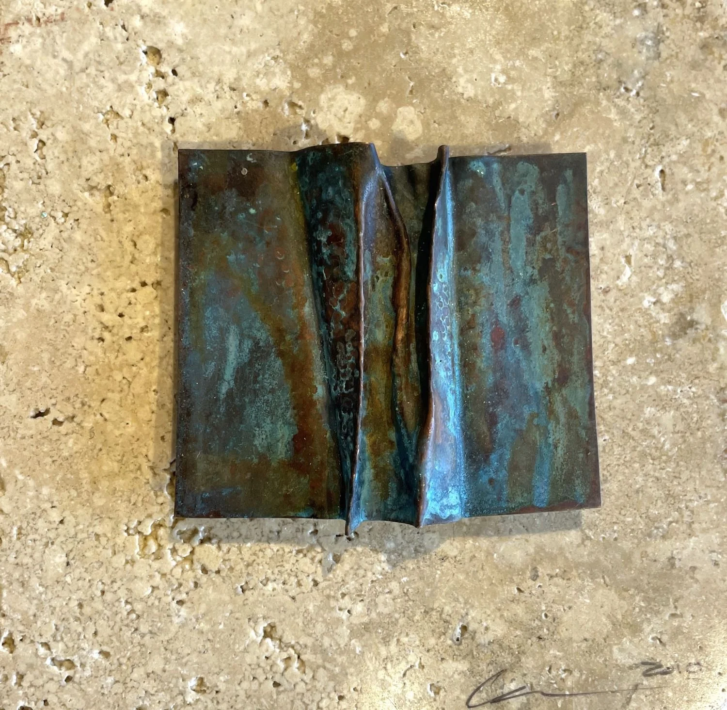 ‘Green Drift’ Wallpiece, 2010, copper and travertine stone, 6 x 6 x 2.75 inches (15.24x15.24x7cm), sold.