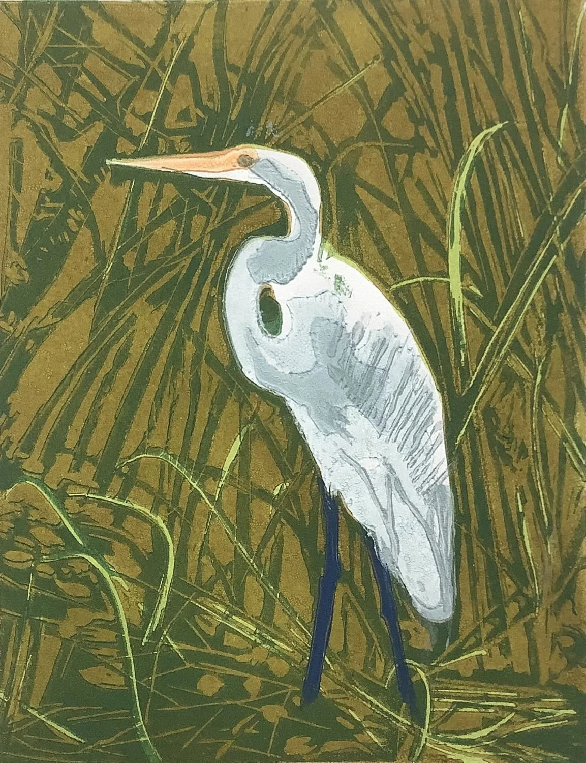 Heron, 2022, edition 4/16, linoblock (6 colours), 9x7 inches (23 x 18 cm), unframed, $126.00 Cdn.