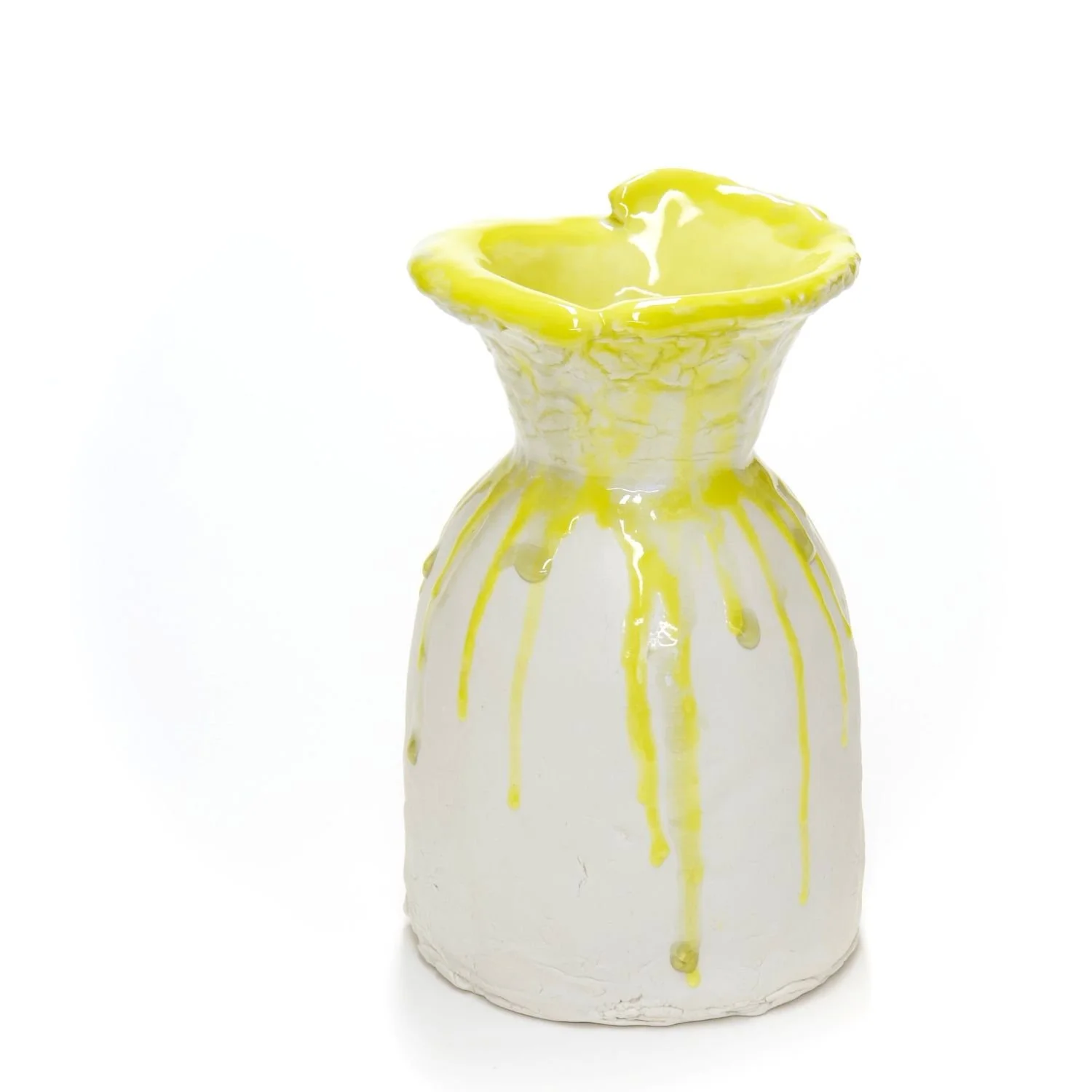 Big Blast Of Sunshine Bottle Vase (#25.8.14), 2025, hand-built, pinched porcelain, high-waisted with flared and modelled rim, yellow glaze interior with glaze & ash-drools exterior, 8 x 5.25 x 5.25 inches (20.5 x 13.2 x 13.2 cm), $380 Cdn.