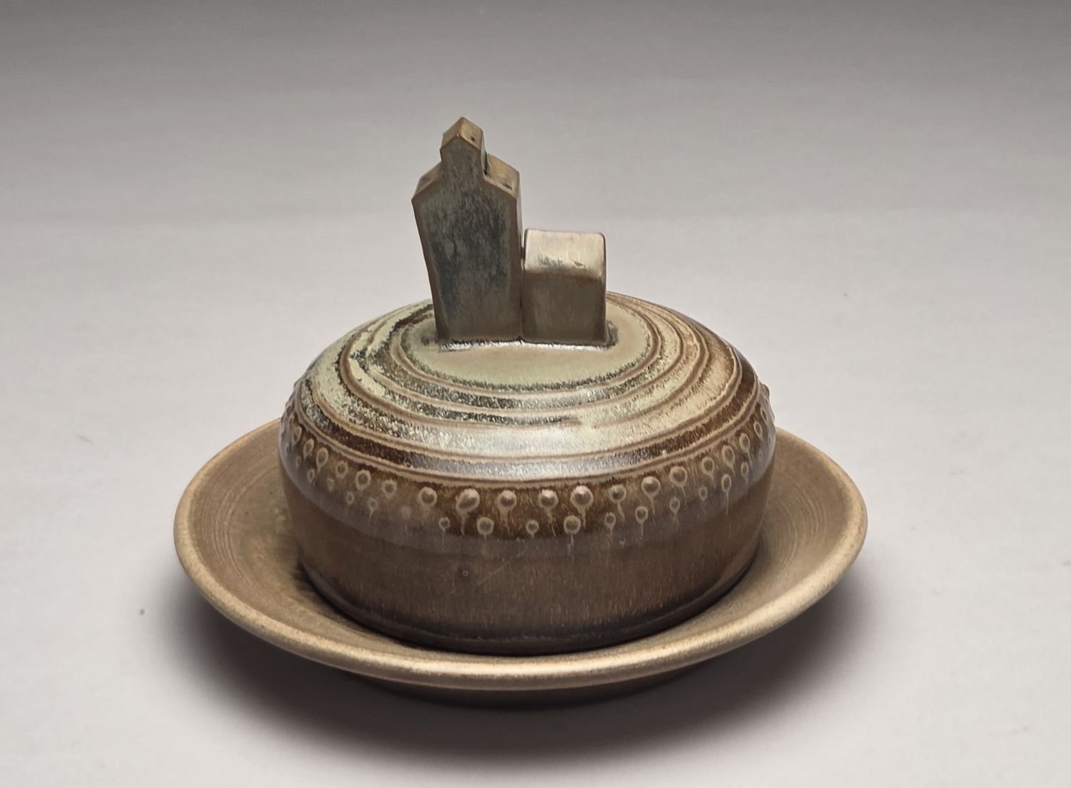 Blue Skies & Grain Elevator Butter Dish (#26.5.4a), 2026, glazed stoneware, 4.25 x 5.75 x 5.75 inches (11 x 14.5 x 14.5 cm), $70 Cdn.