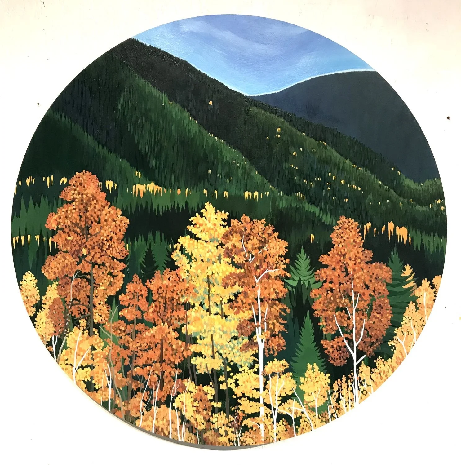 Fall Vista, Kananaskis (#25.8.1), 2024, acrylic on round birch panel, 32 inches in diameter (81 cm), $2200 Cdn.