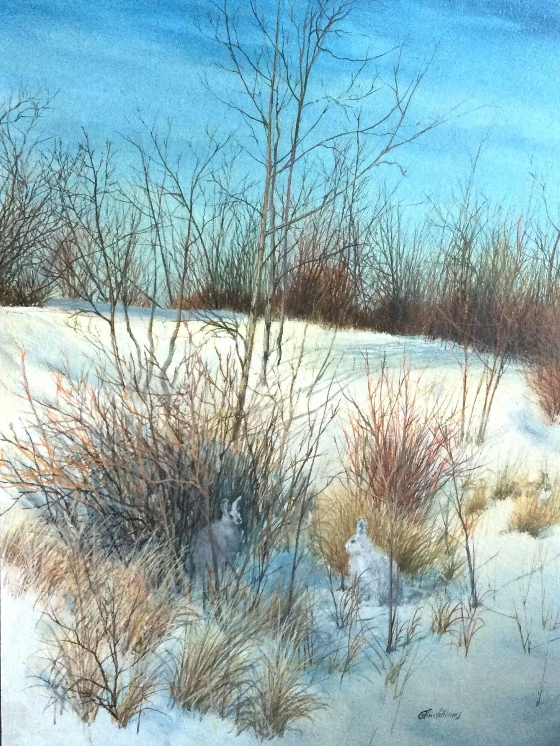 Winter Coats, West of Calgary (#A408/1433), c.1970s, oil/panel, 16x12 inches (41x31cm), framed, provenance: private collection Calgary, a portion of the sale of this work is donated to the Calgary Foundation, $1350 Cdn.