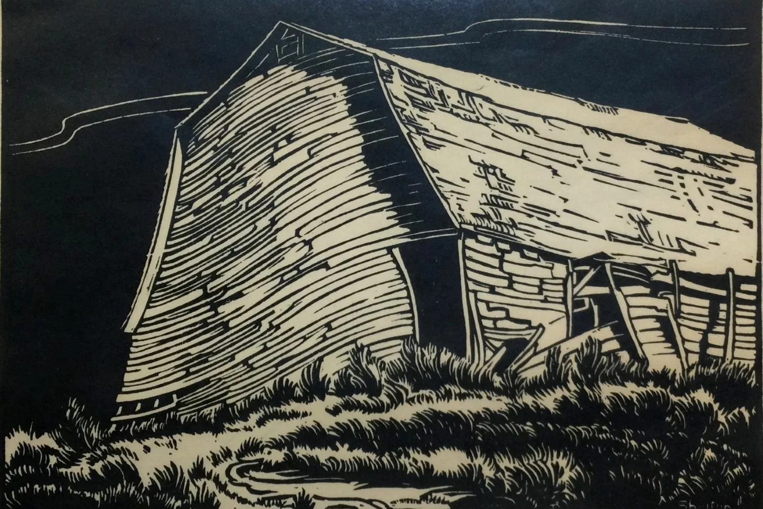 Barn At Lomond (#52L), 1941, ed. 12/50, linocut in one colour, titled, signed, condition: fair, 5.5 x 7.25 inches (14 x 19 cm), provenance: BC Collection, framed, $800 Cdn.