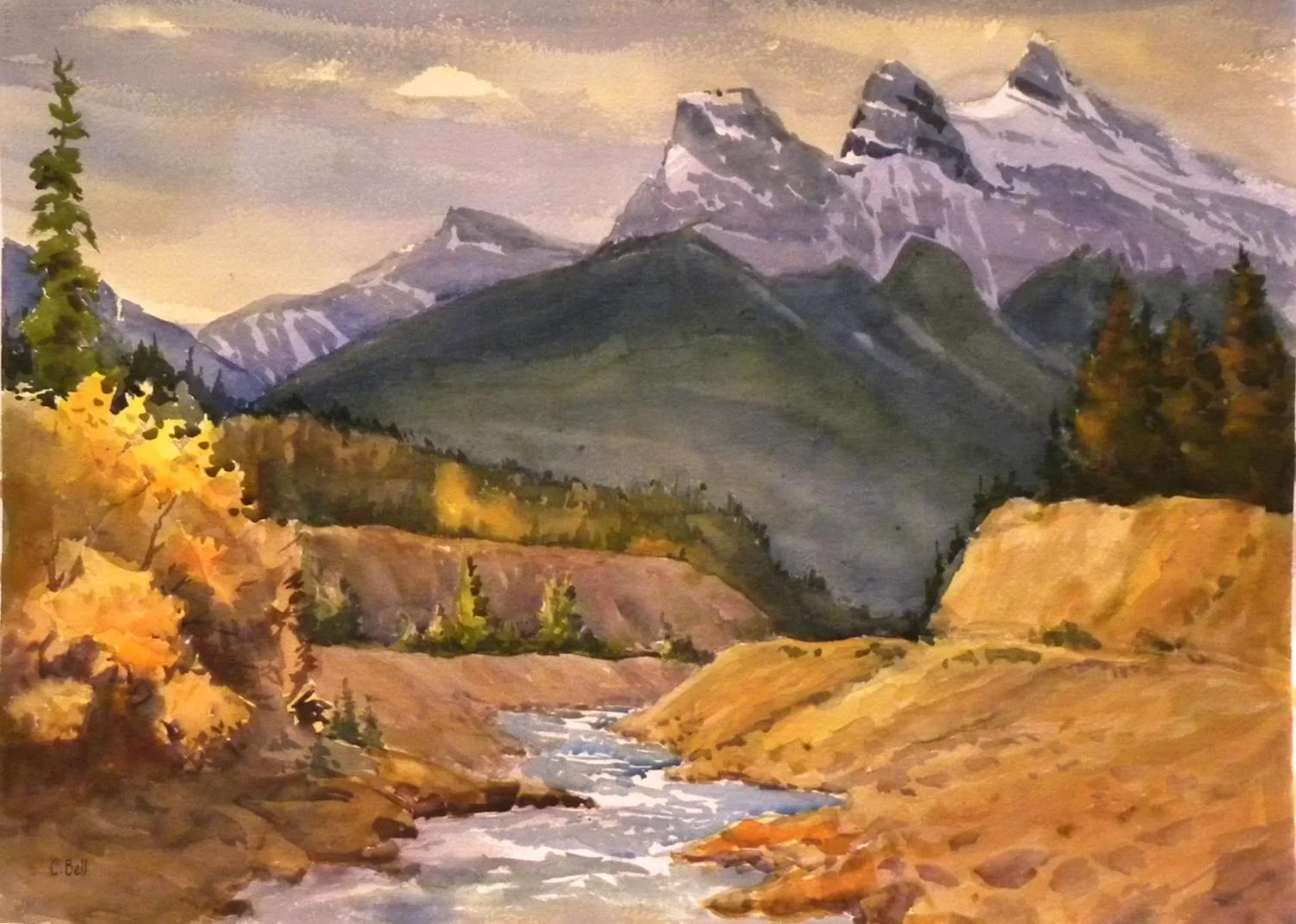 Cougar Creek and Three Sisters, watercolor on paper, 21 x 28 inches (53.5 x 71 cm), framed, $1800 Cdn.