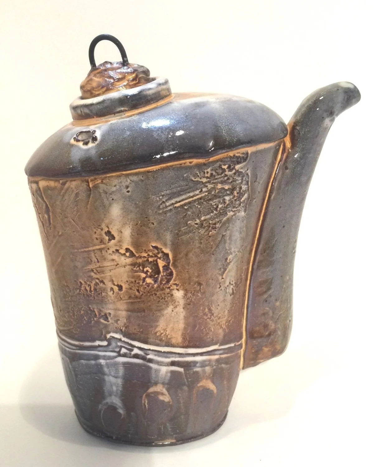 Large Confluence Oil Pourer (#26.2.29), 2026, low soda fired earthenware, 6.75 x 3 x 5.5 inches (17 x 8 x 14 cm), $180 Cdn.