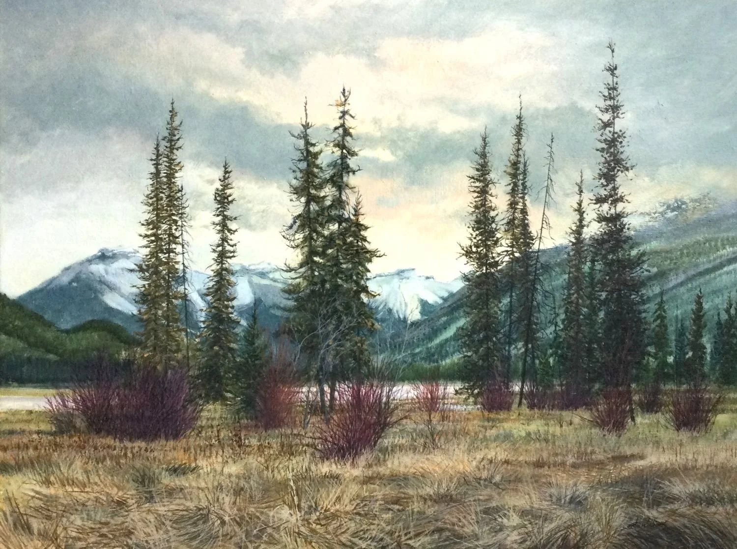 Fairholme Range From Vermilion Lakes (#A4150/1440), c.1989, oil/panel, 18x24 inches (46x61cm), framed, provenance: private collection Calgary, a portion of the sale of this work is donated to the Calgary Foundation, $2700 Cdn.