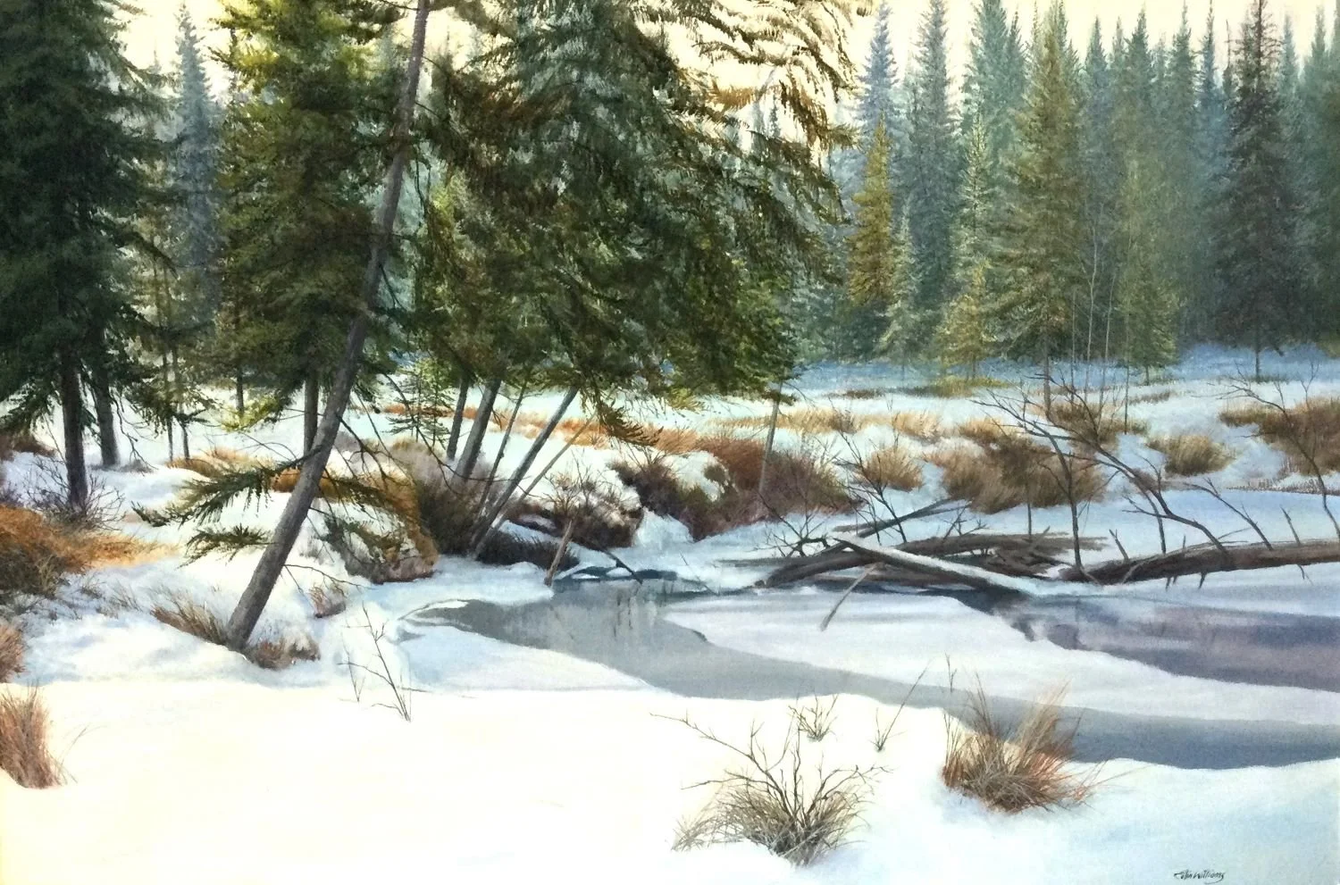 40-Mile Creek, Banff (#A458/1481), c.1970s, oil/panel, 24 x 36 inches (61x91cm), framed, provenance: private collection Calgary, a portion of the sale of this work is donated to the Calgary Foundation, $4925 Cdn.