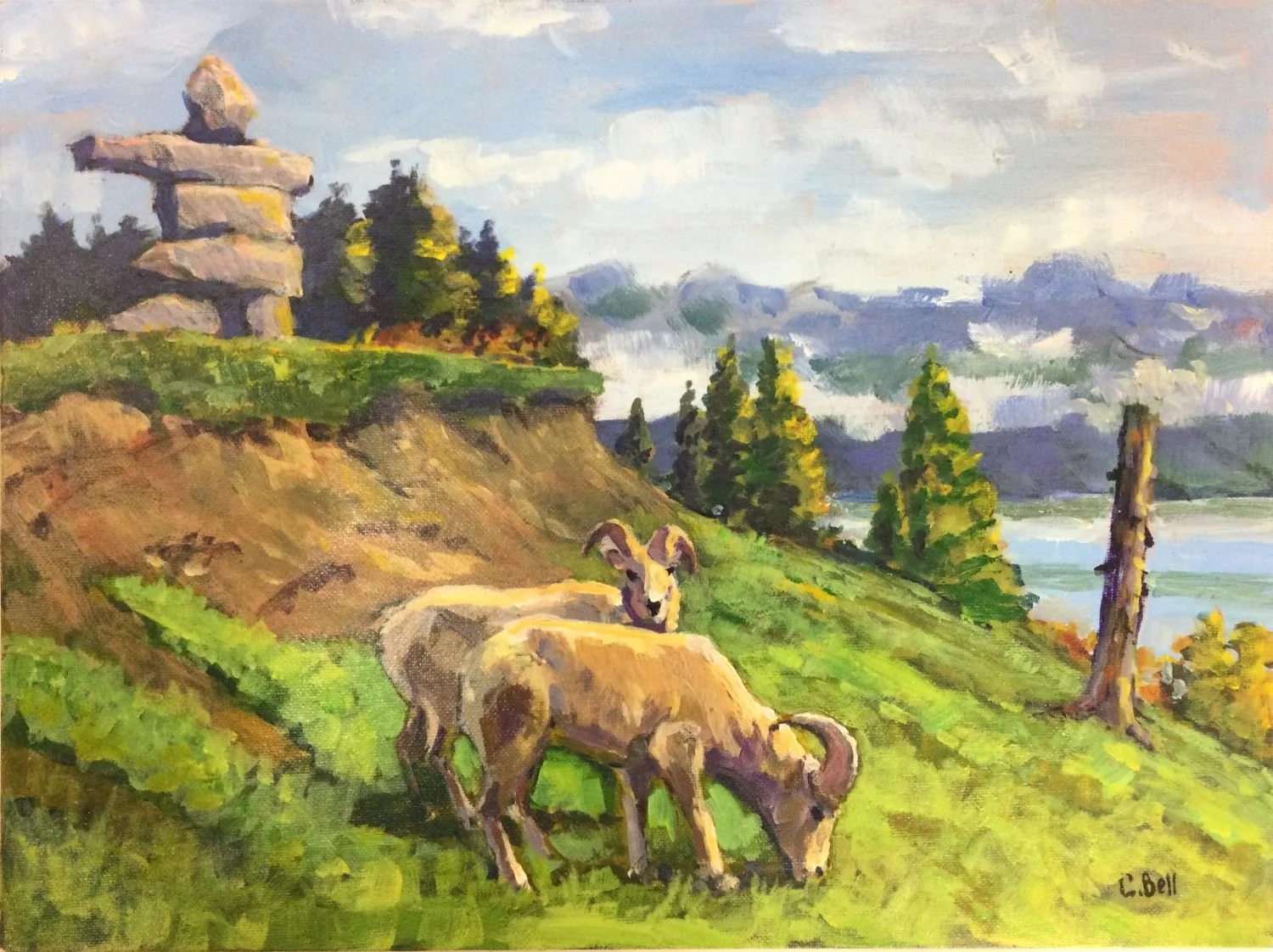 Invermere Inukshuk, acrylic on canvas panel, 12 x 16" (30.5 x 40.5 cm), framed, $550 Cdn.