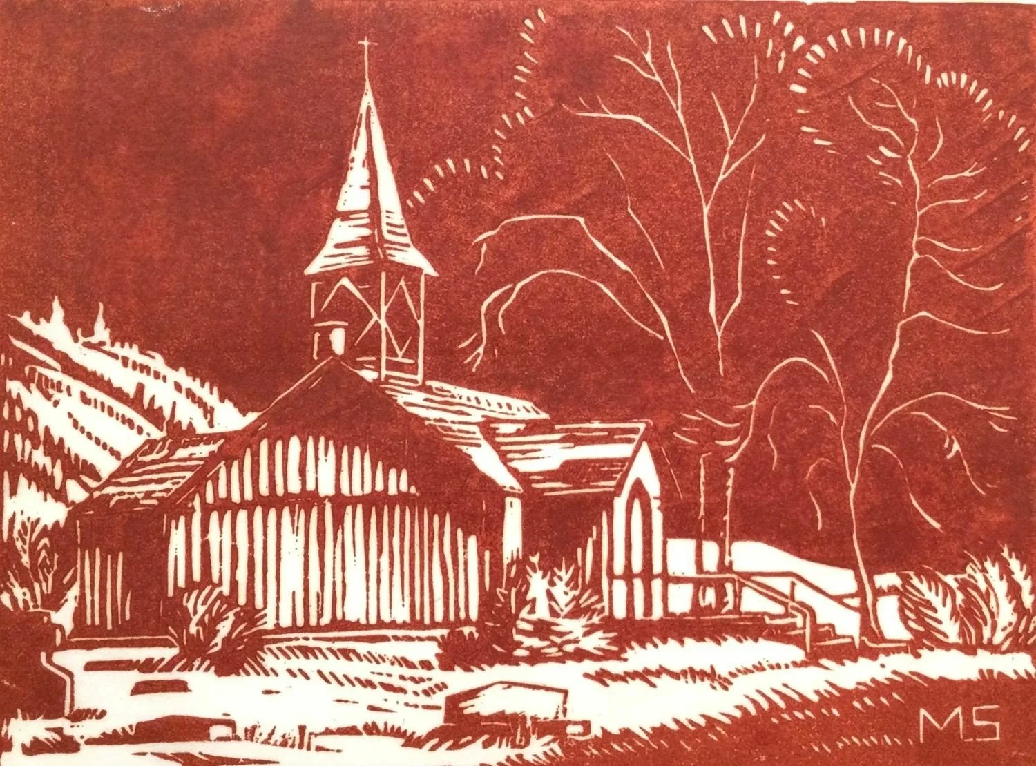 Millarville Church (#165L), 1981 (pulled 1982), linocut in one colour (red), signed, inscribed, titled, 4.5 x 6 inches (11.5  15.5 cm), provenance: BC Collection, framed, $1100 Cdn.