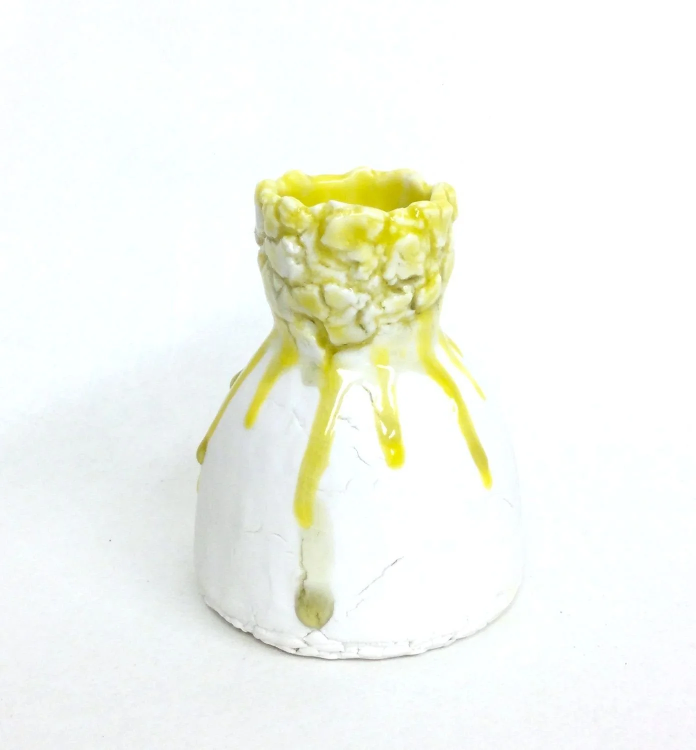 Little Ray Of Sunshine Vase (#25.8.6), 2025, hand-built, pinched porcelain, yellow glaze interior, ash and yellow glaze drools exterior, sold.
