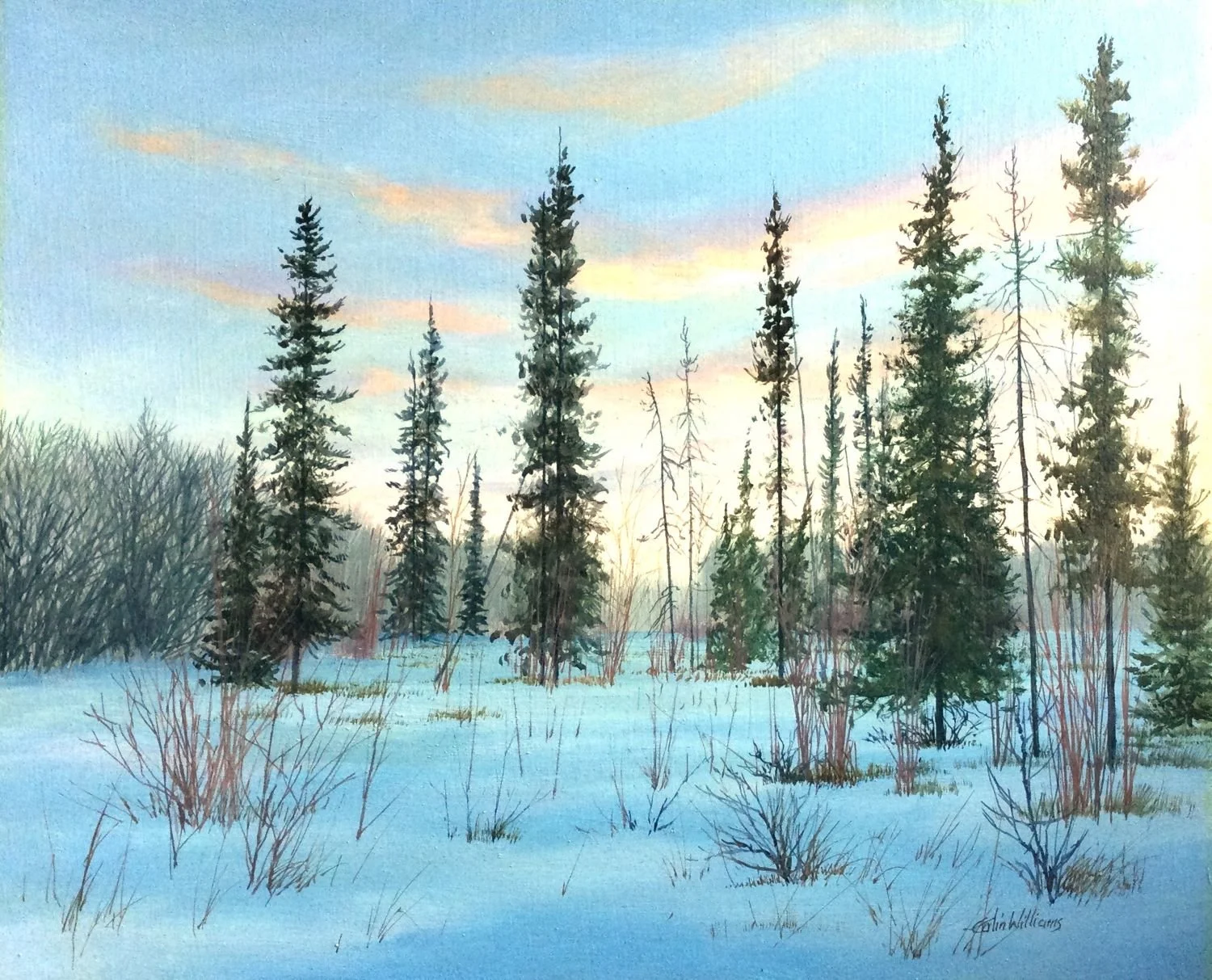 Winter Sunset (#A452/1475), c.1970s, oil/panel, 10x12 inches (25.5 x 31 cm), framed, provenance: private collection Calgary, a portion of the sale of this work is donated to the Calgary Foundation, $1100 Cdn.