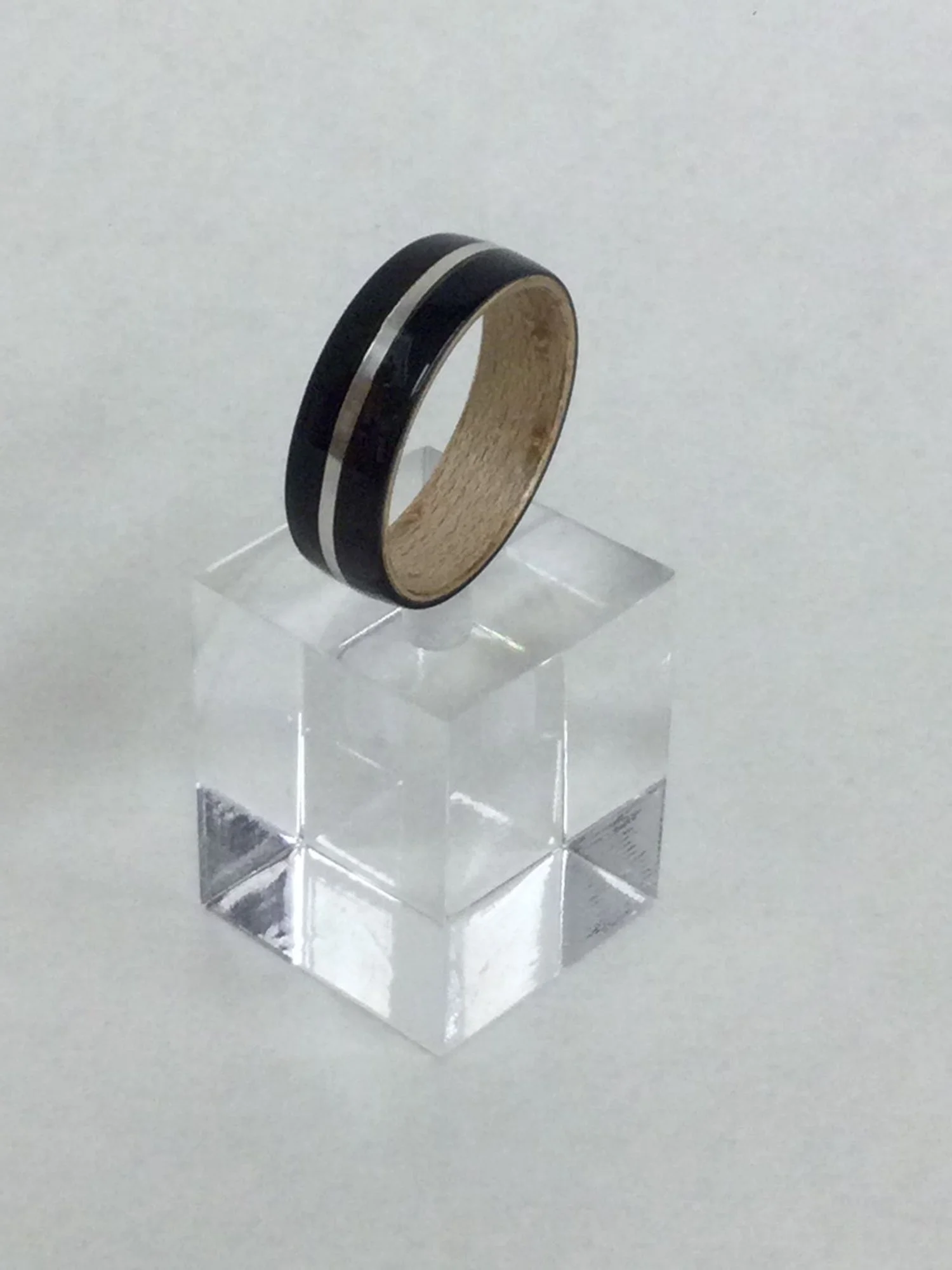 Wood Ring (box elder burl, bird's eye maple bent wood, .925 silver), size 12.5, turned, vacuum pot dyed, durable CA finish, lined with bent wood, $175 Cdn.