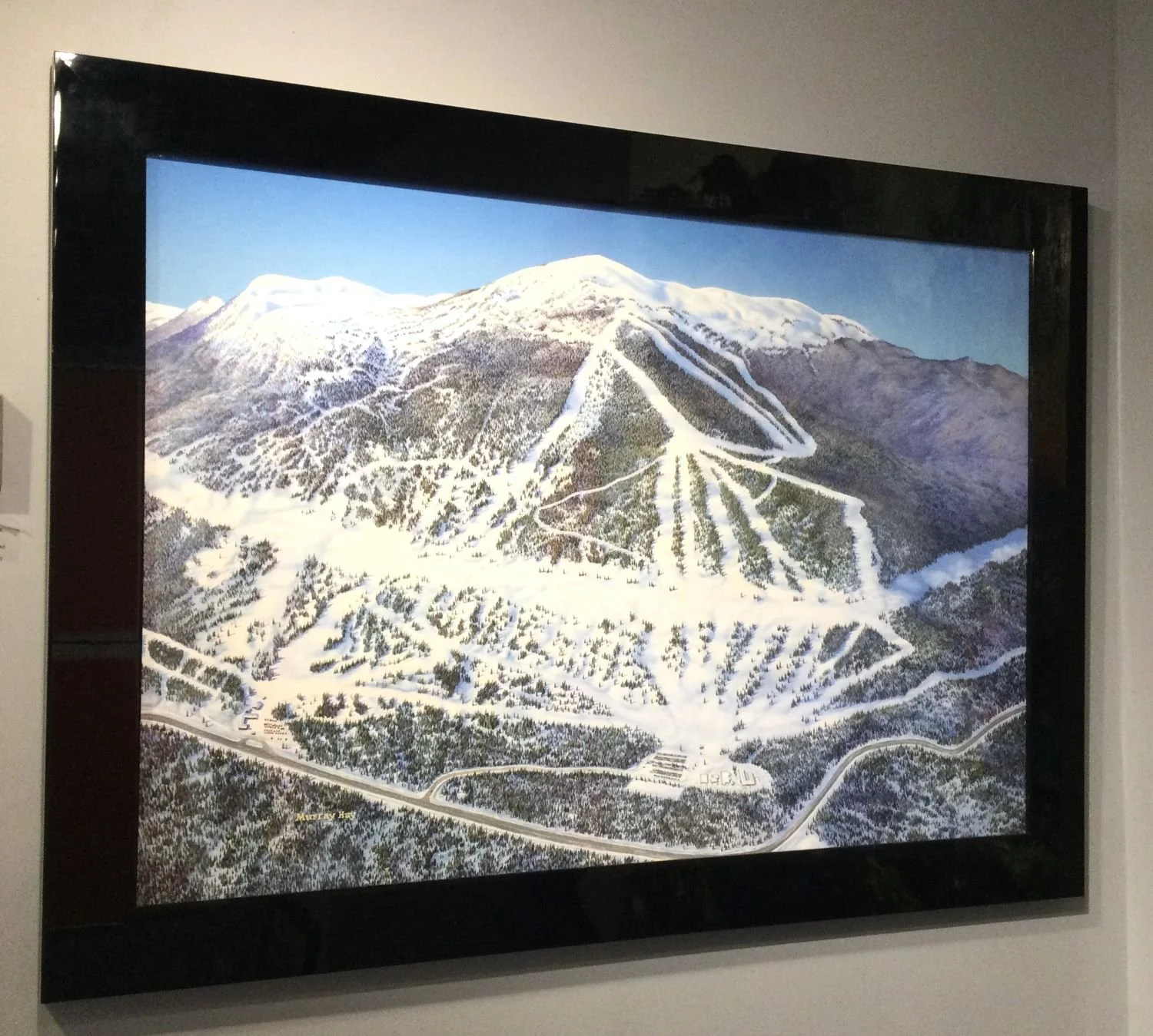 Azu Powder King, BC (rare, unique), 1980, piste map, with separate overlay, acrylic on foam board; 36.5 x 51 inches (93 x 129.5 cm); signed l.l. (Murray Hay); Description: panorama view, mountain ski resort piste map with overlay showing ski runs of 