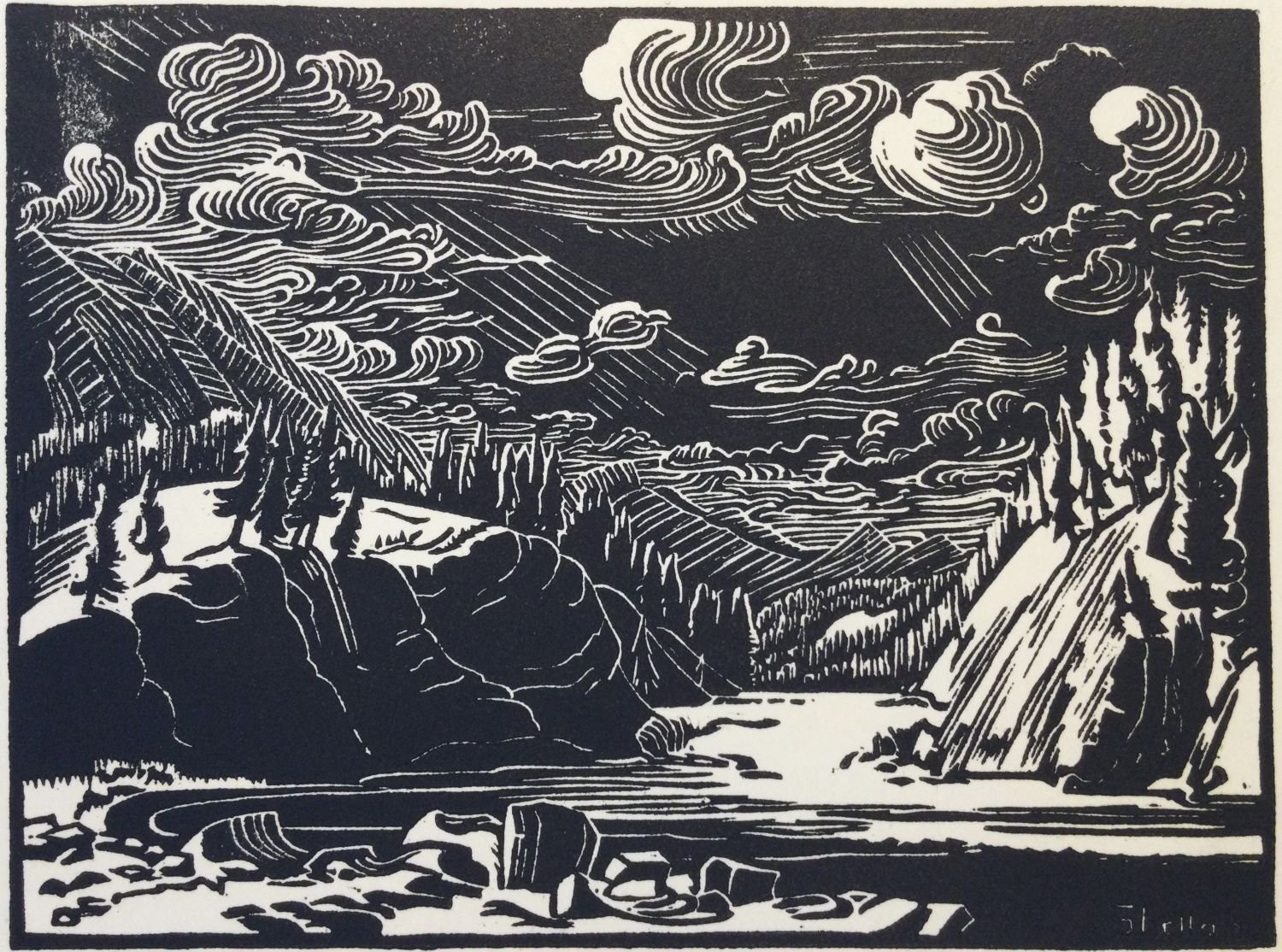 Bow Falls From South (#43P, rare), 1941, linocut in one colour, 3.75 x 5.25 inches (9.5 x 13 cm), framed, $1200 Cdn.