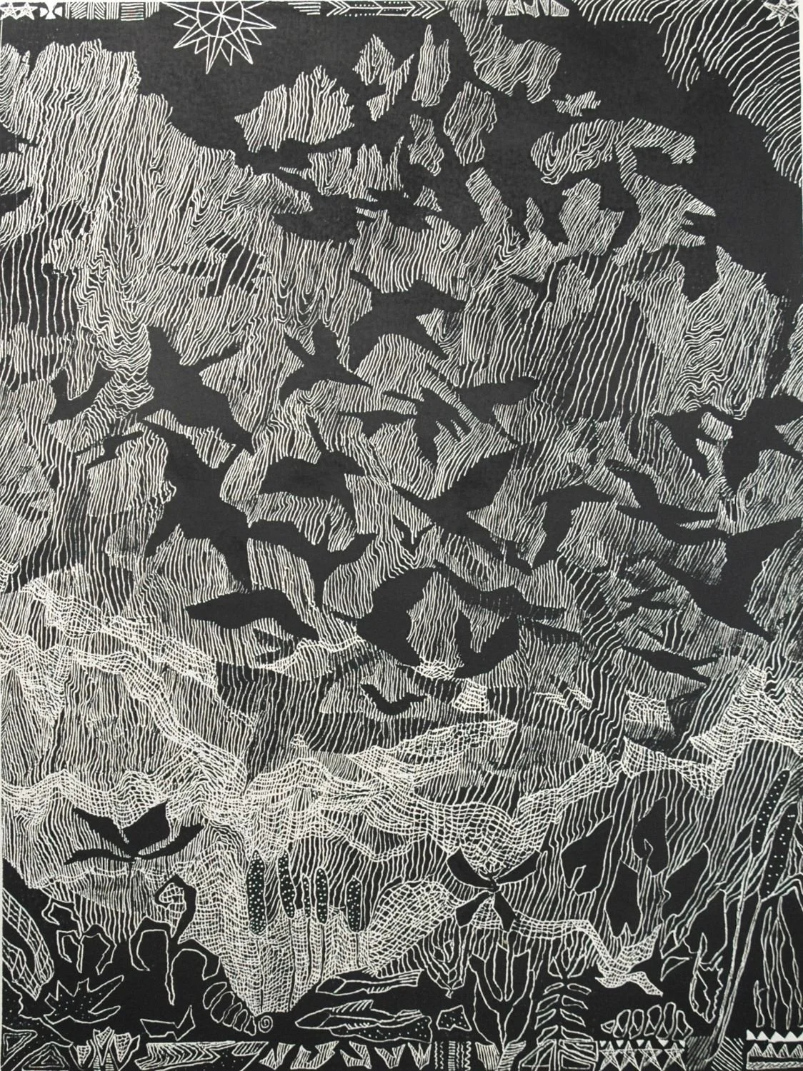 Flight Of Seasons, 1990, woodblock/paper, 24 x 18 inches (61 x 46 cm), framed, $1425 Cdn.
