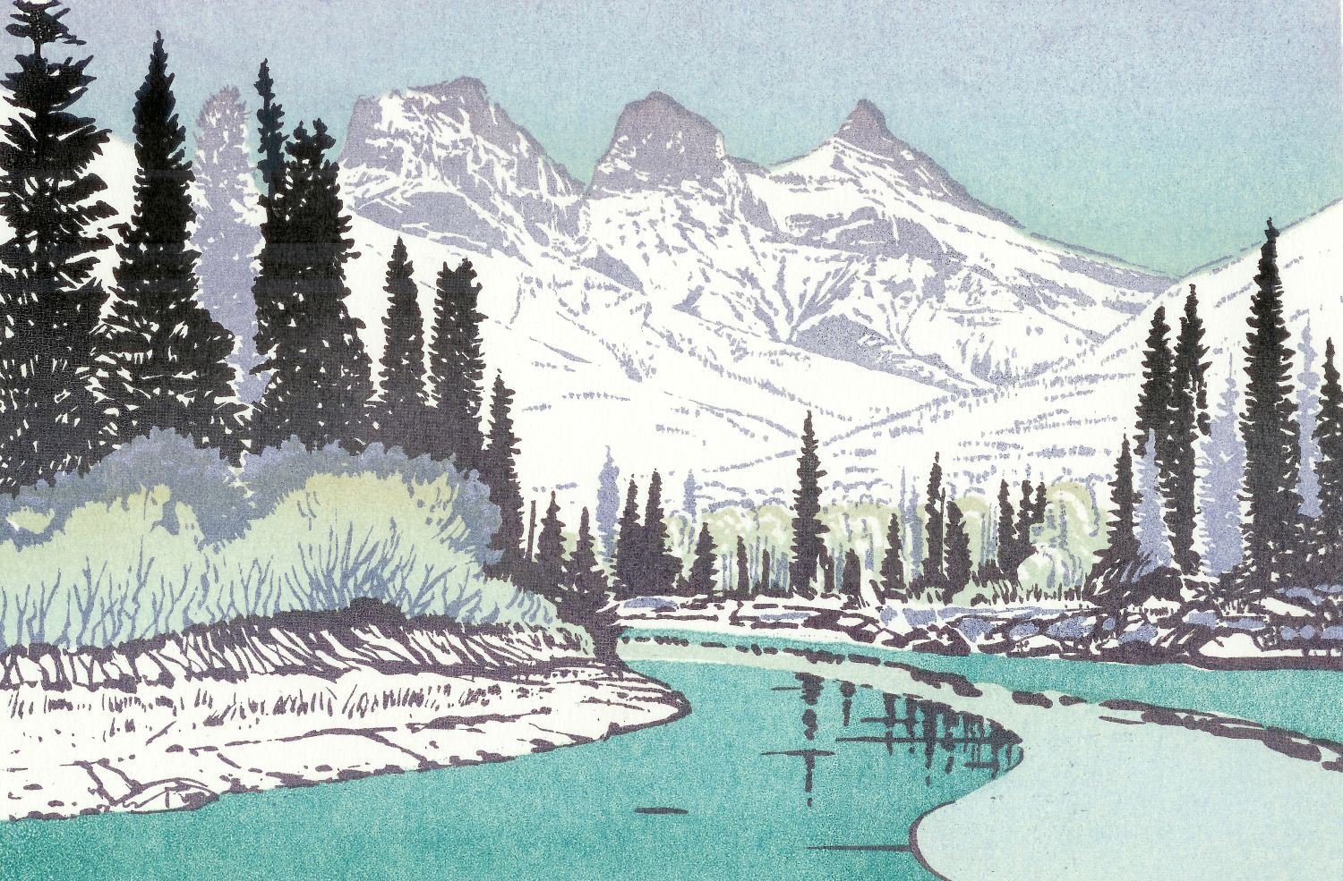 The Three Sisters, Canmore, Alberta (#153), 1986, ed. 100, 2nd state, serigraph/paper, 6 x 9 inches (15 x 23 cm), framed, $525 Cdn.