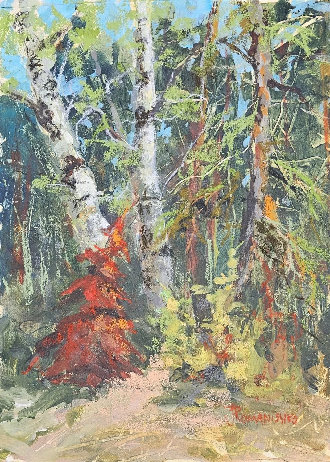 In The Woods (#25.10.6), 2025, acrylic and pastel/paper, 9x12 inches (23 x 30.5 cm), $425 Cdn.