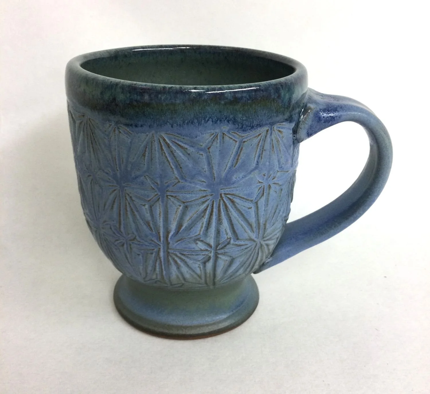 Kumiko Blue Sky Mug (#25.9.10), handcarved stoneware, 5 x 3.5 x 5 inches (13 x 9 x 13 cm), $50 Cdn.