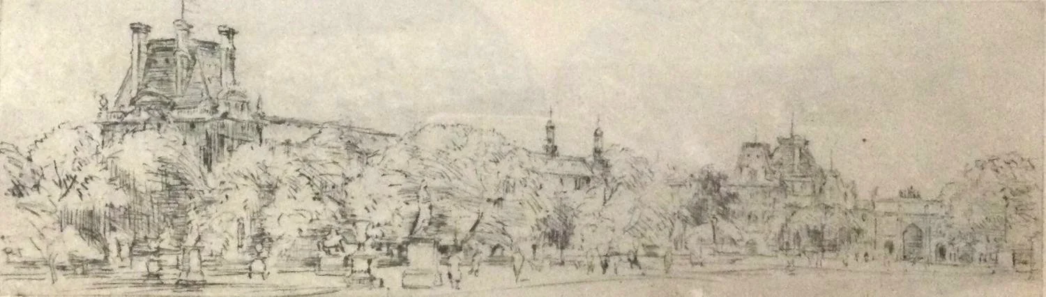 Llewellyn Petley-Jones (1908-86), Louvre No.5, c.1975, etching on paper, 2.5 x 8.25 inches (6.25 x 21 cm), original framing, $175 Cdn.