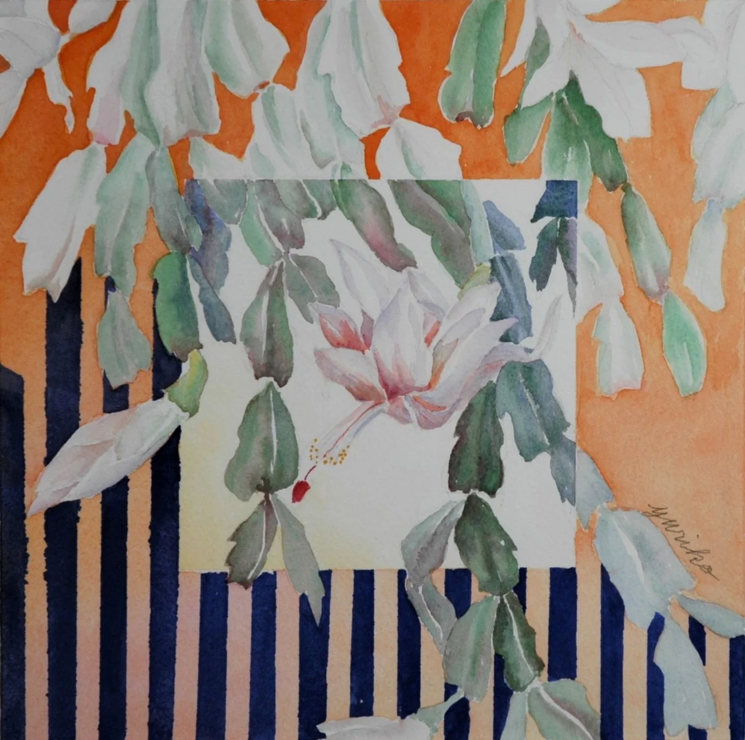 Christmas Cactus, watercolour on Arches 140 lb paper, 7.5 x 7.5 inches (18.5 x 18.5 cm), framed, $500.00 Cdn.