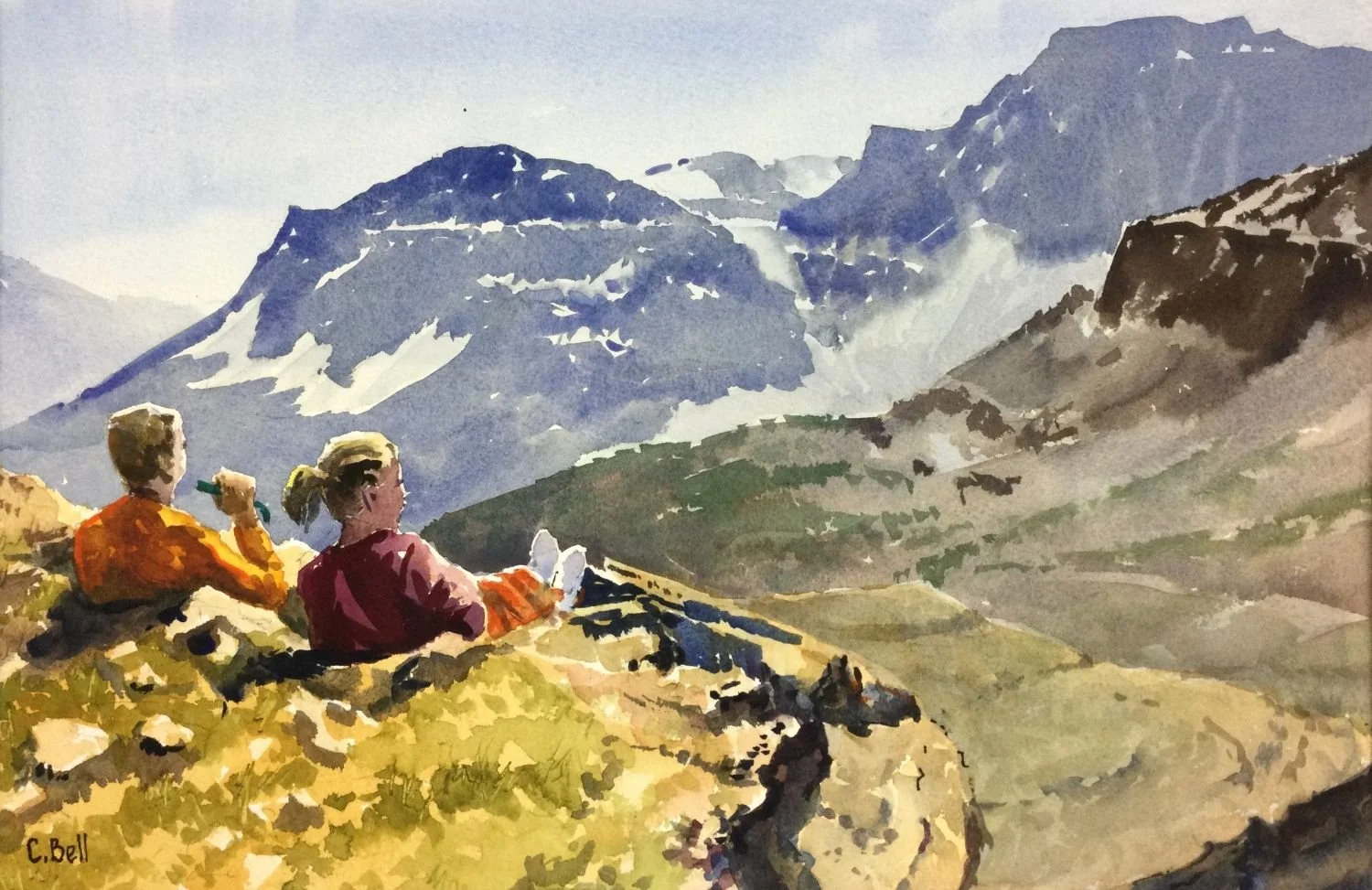 Resting At Dolomite Pass, watercolor on paper, 14 x 20 inches (35.5 x 51 cm), framed, $850 Cdn.