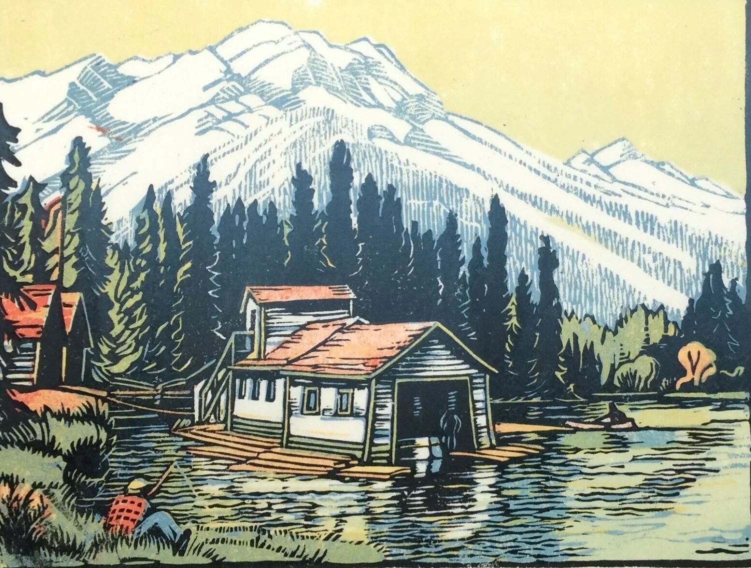 Boathouses And Mount Norquay, Banff (#83P), 1944, linocut, multi-colour, 5 x 6.5 inches (12 x 17 cm), framed (museum glass), $1800 Cdn.