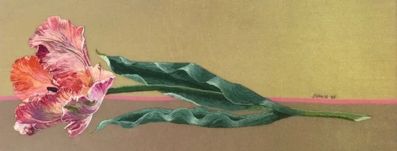 Rembrandt Tulip, 2025, hand embroidery, silk shading, silk and cotton thread on silk ground, 6.5 x 16 (16 x 41 cm), $3000 Cdn.     -----     Technique: Silk Shading - Silk Shading is highly detailed and colourful surface embroidery that tends to have