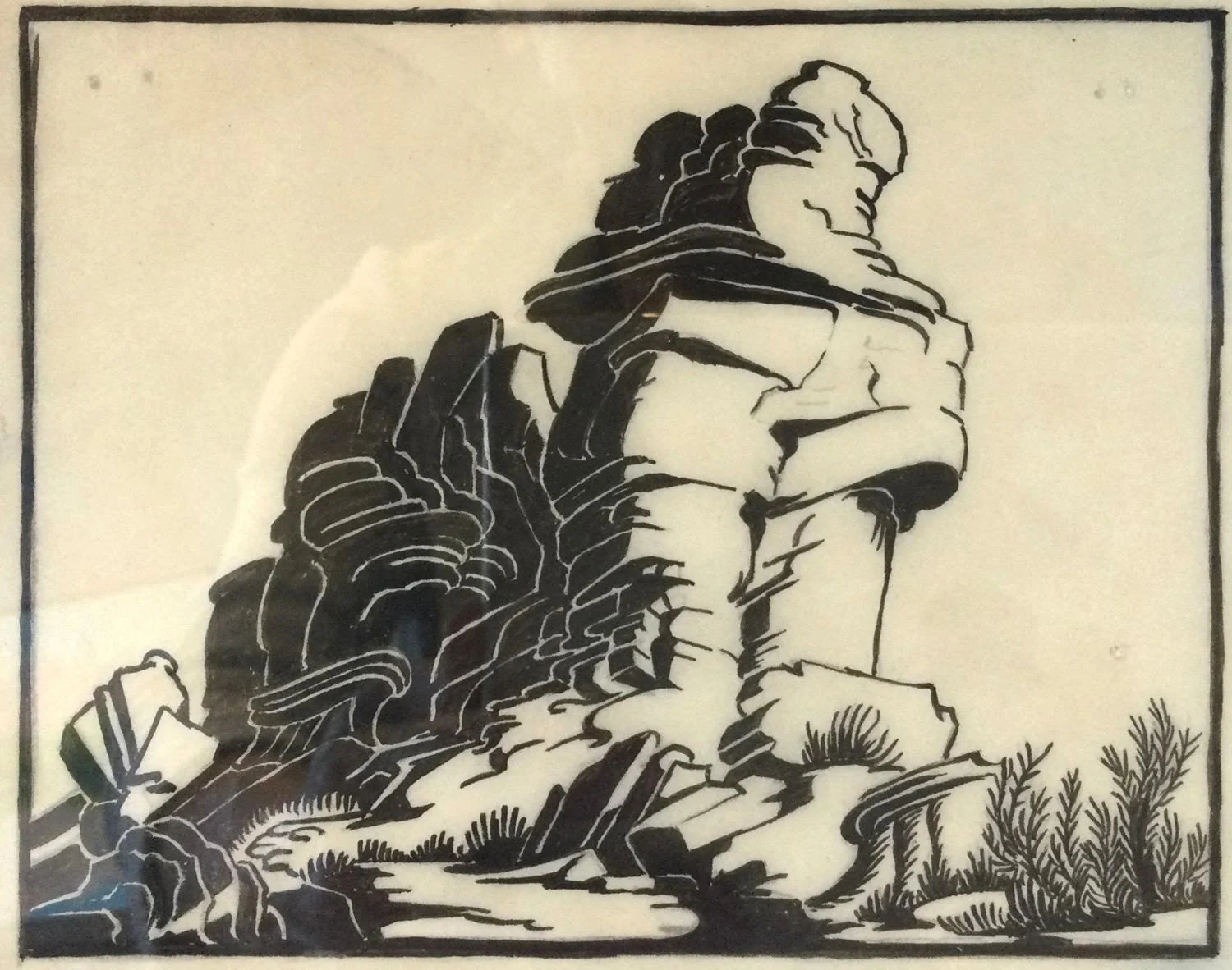 At Dorothy (rare, #22), 1940, linoblock/paper, 3.75 x 4.75 inches (10 x 12.75 cm), provenance: Calgary Collection, framed, $975 Cdn.