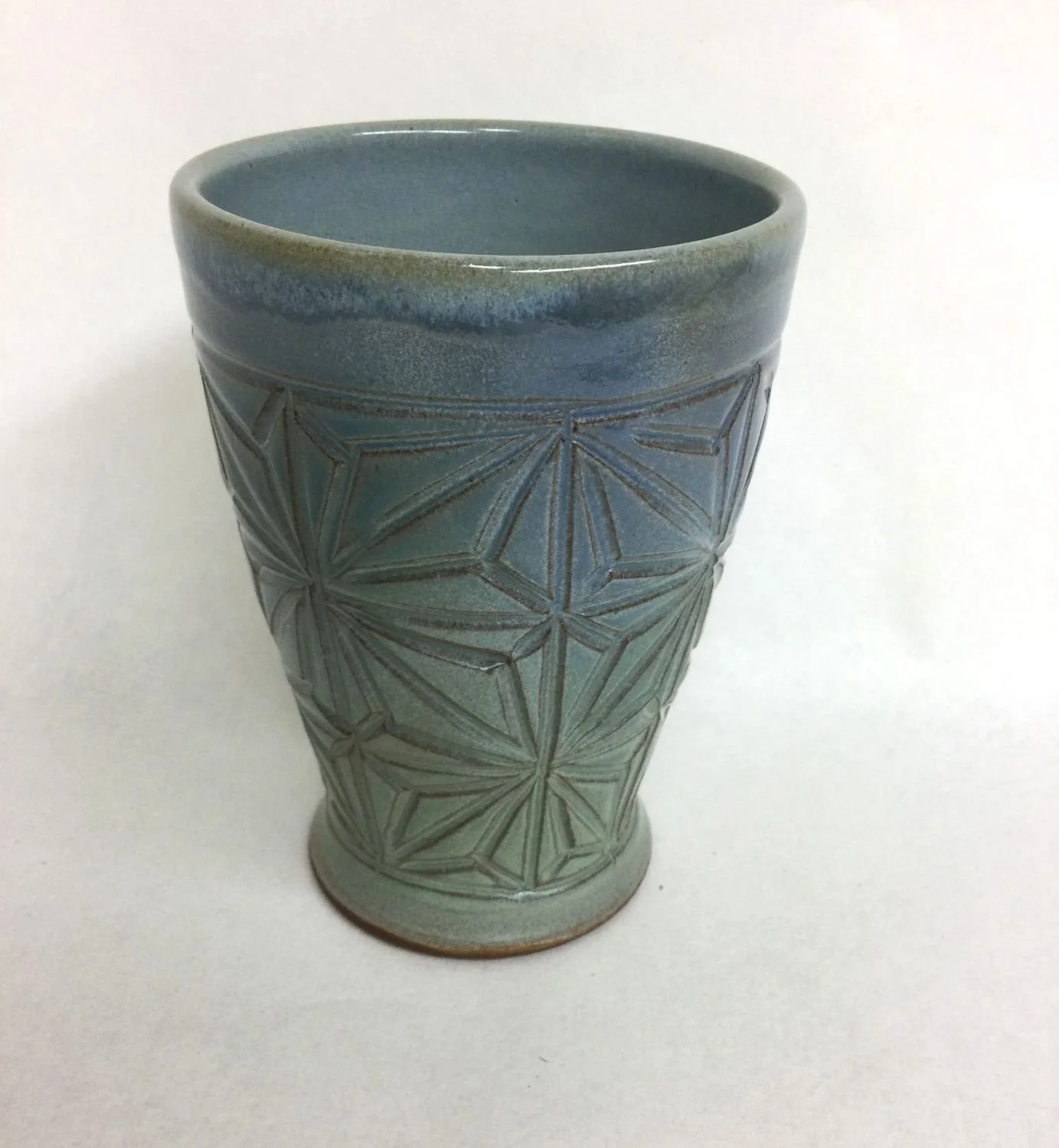 Kumiko Mountain Lakes Yunomi (#25.9.16), handcarved stoneware, 5 x 3.5 x 5 inches (13 x 9 x 13 cm), $45 Cdn.