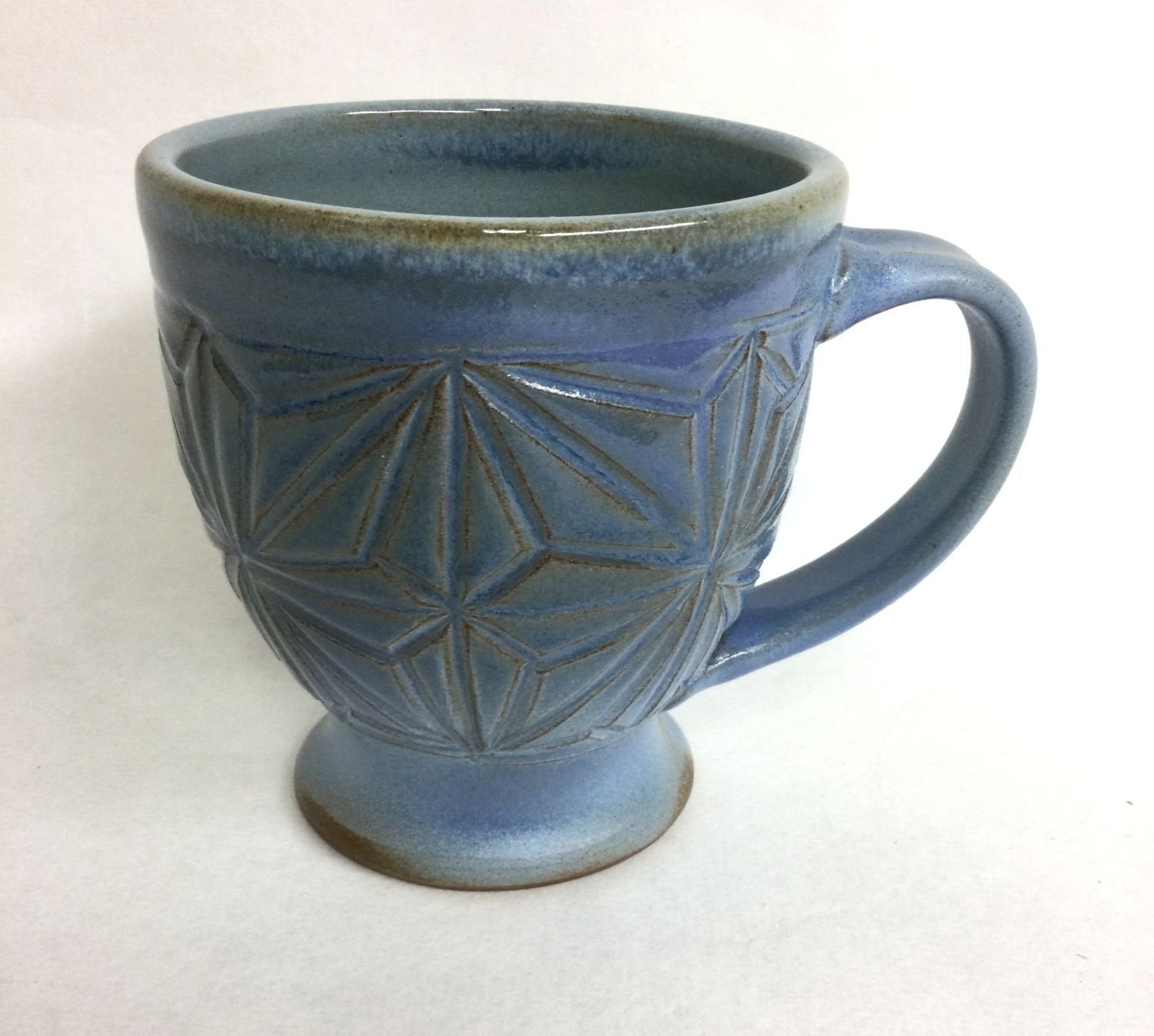 Kumiko Blue Sky Mug (#25.9.8), handcarved stoneware, 5 x 3.5 x 5 inches (13 x 9 x 13 cm), $50 Cdn.