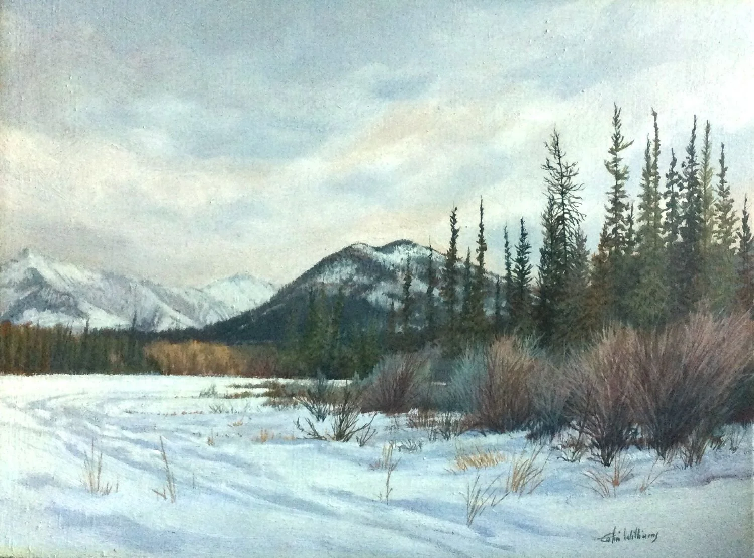 Winter, Banff (#A411/1403), c.1970, oil/panel, 9x12 inches (23 x 30.5 cm), framed, provenance: private collection Calgary, a portion of the sale of this work is donated to the Calgary Foundation, $1100 Cdn.