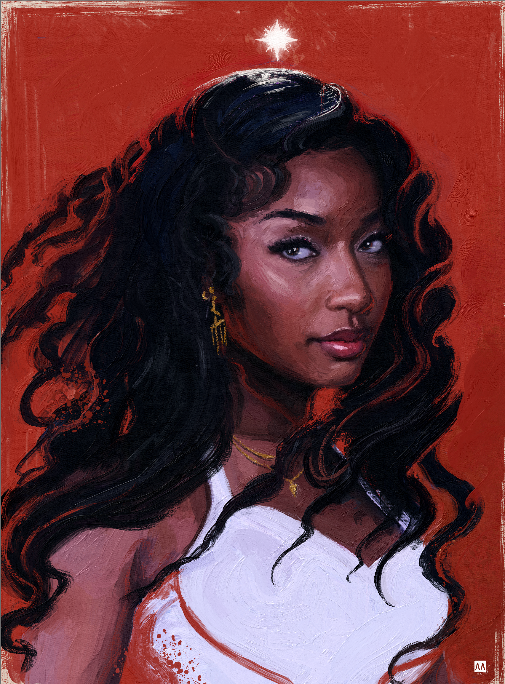 Digital portrait of a woman with long, wavy black hair, wearing a white top and gold jewelry, set against a red background with a white star above her head.