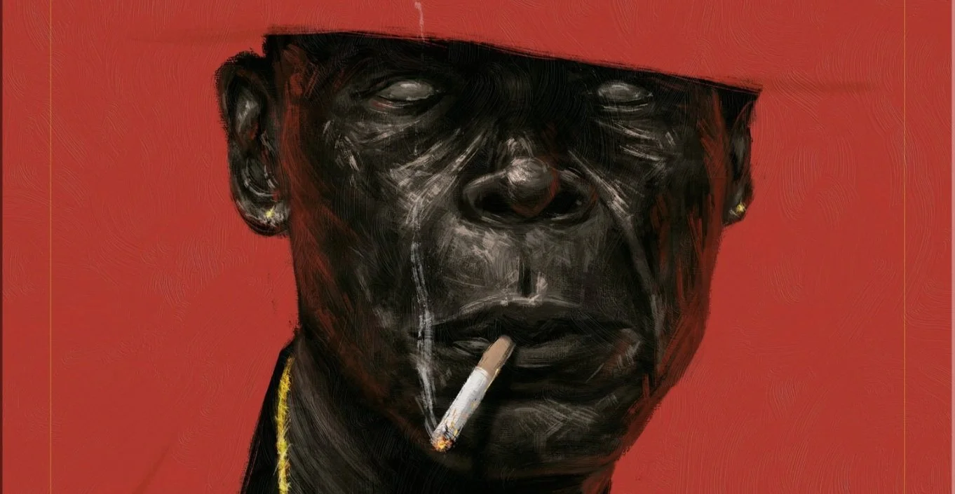 Painting of a black man wearing a red cap, with a cigarette in his lips, against a red background.