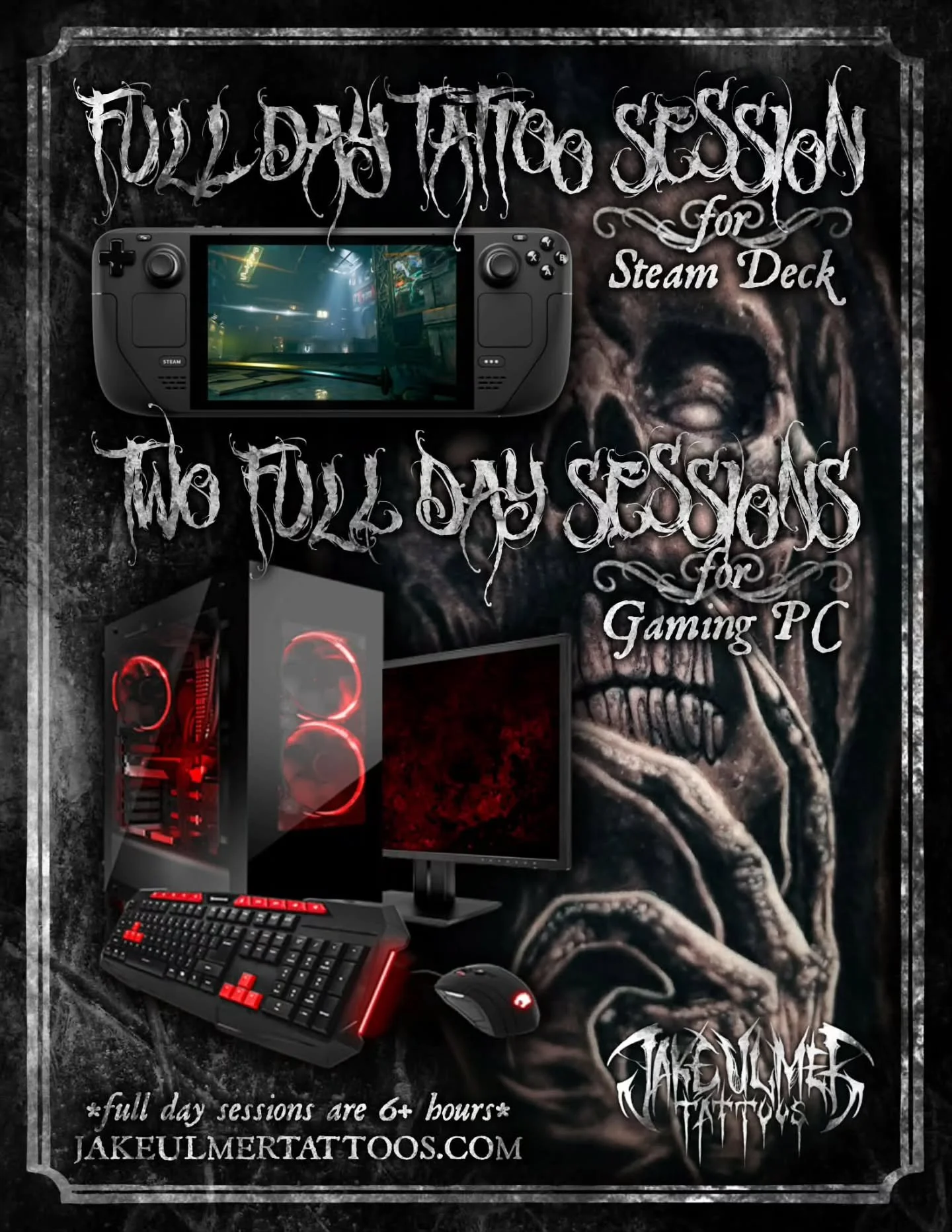 🩸🎮 TATTOOS FOR GAME SYSTEMS! 👀🤔 I'm offering a full day tattoo session [$850+] for a Steam Deck and 2 full day sessions [$1,700+] for a gaming PC setup! 🤯 Message me for more info! 📥

#jakeulmertattoos #ohiotattooers #somethingdarker #horror #g