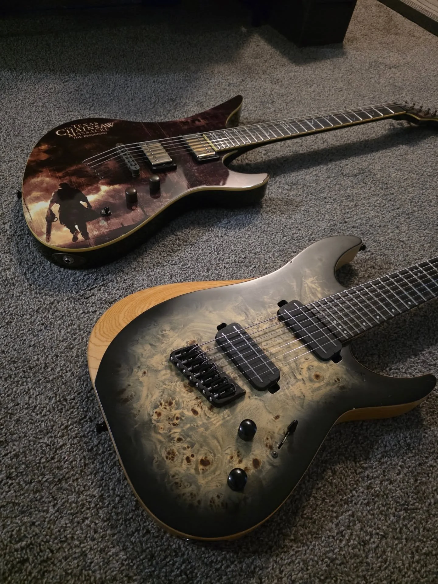 My new toys!! 🎸🎸 Compliments of two of the coolest clients ever! 🤘😎 @beccanoire @agaranita_ 🙏🖤 I'm so excited to finally be getting back into playing after over a 10 year hiatus! 😁😱 #jakeulmertattoos #shecterguitars #somethingdarker